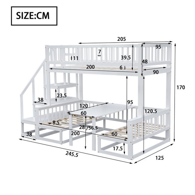 MODFU Etagenbett mit Treppe, mit verstellbarem Tisch, mit Holzsofa (Kinderb günstig online kaufen