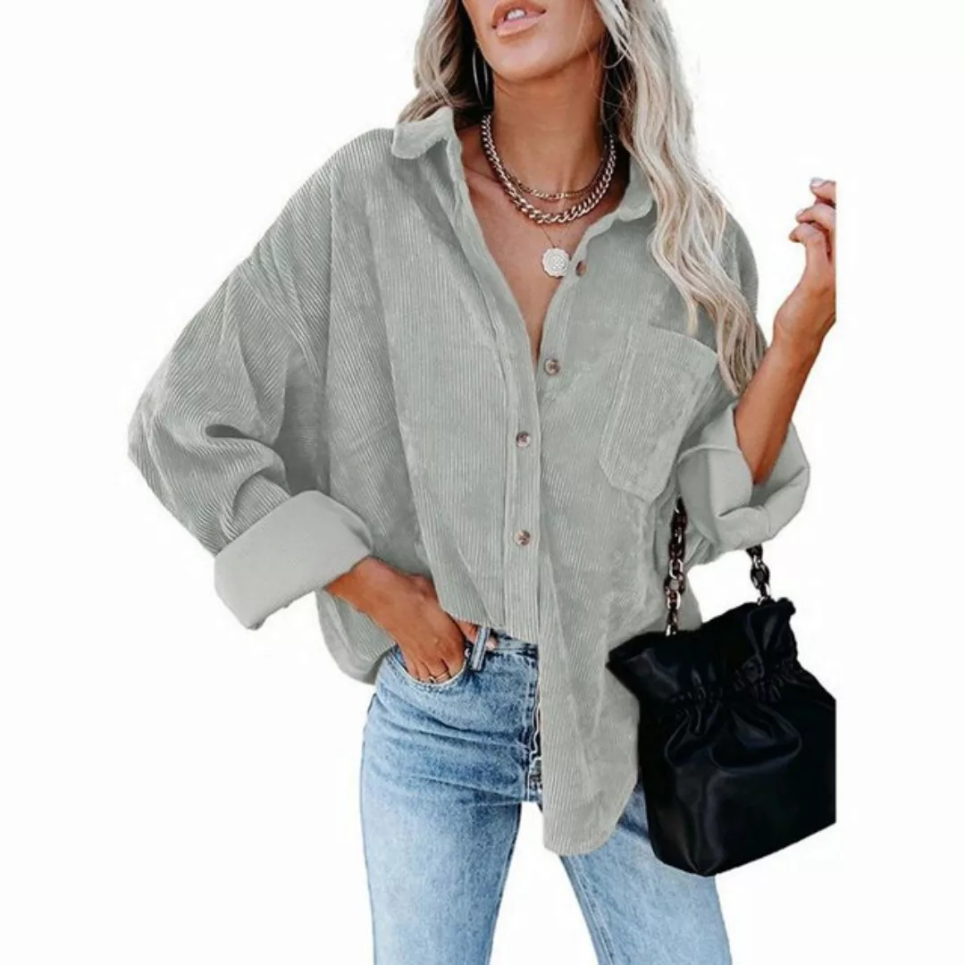 FIDDY Langarmshirt Damen-Cordhemd mit Knopfleiste, übergroße Blusen, Oberte günstig online kaufen