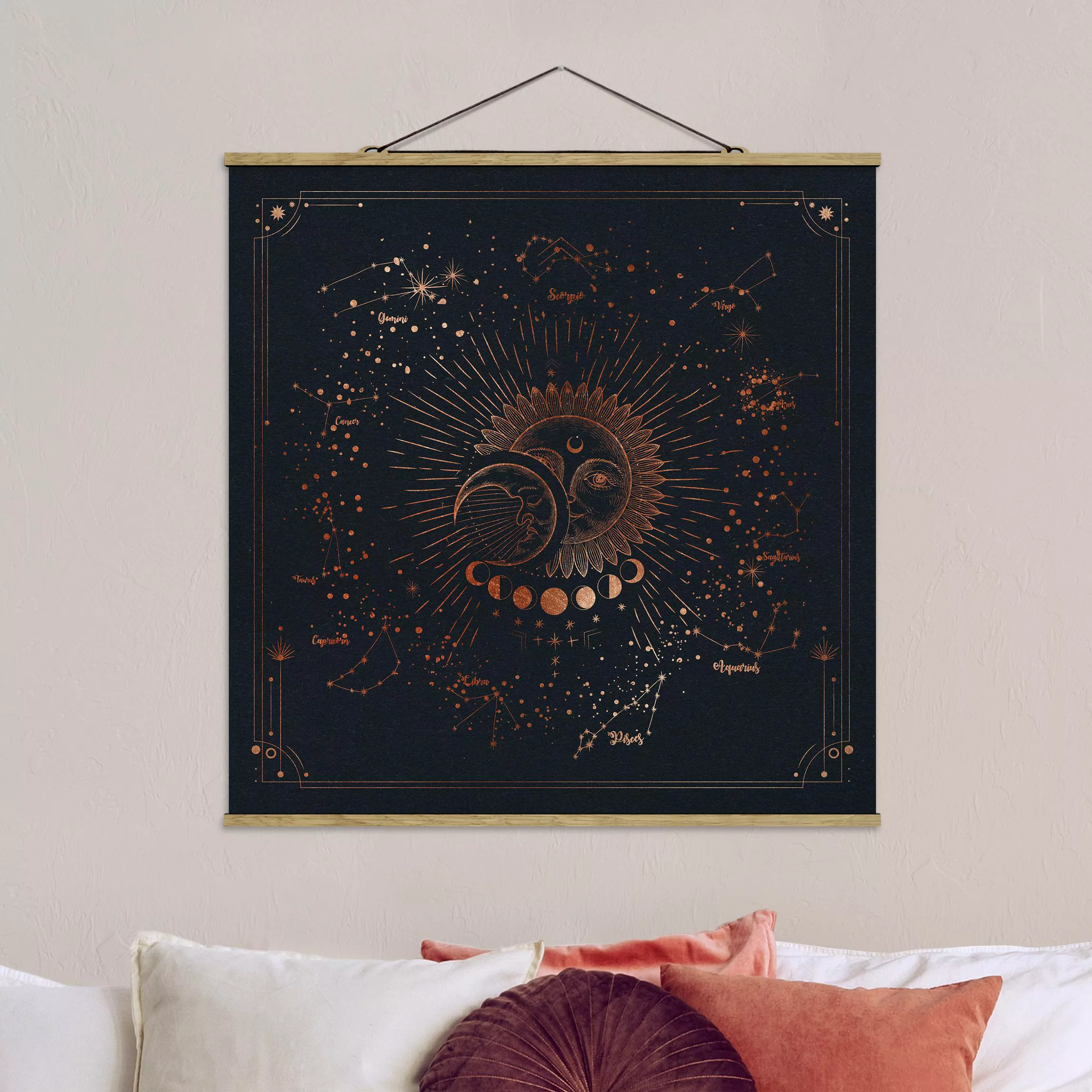 Stoffbild Karten mit Posterleisten - Quadrat Astrologie Sonne Mond und Ster günstig online kaufen