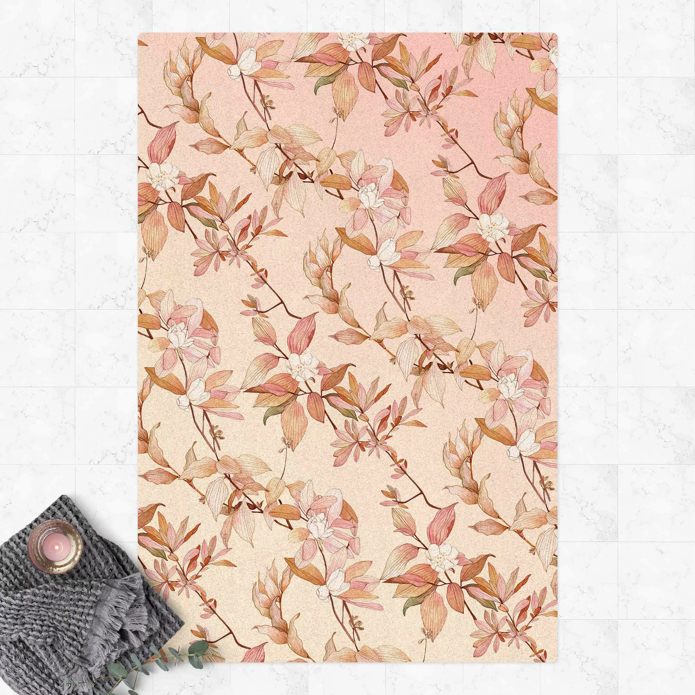 Kork-Teppich Romantisches Blütenaquarell Natur Rosa günstig online kaufen