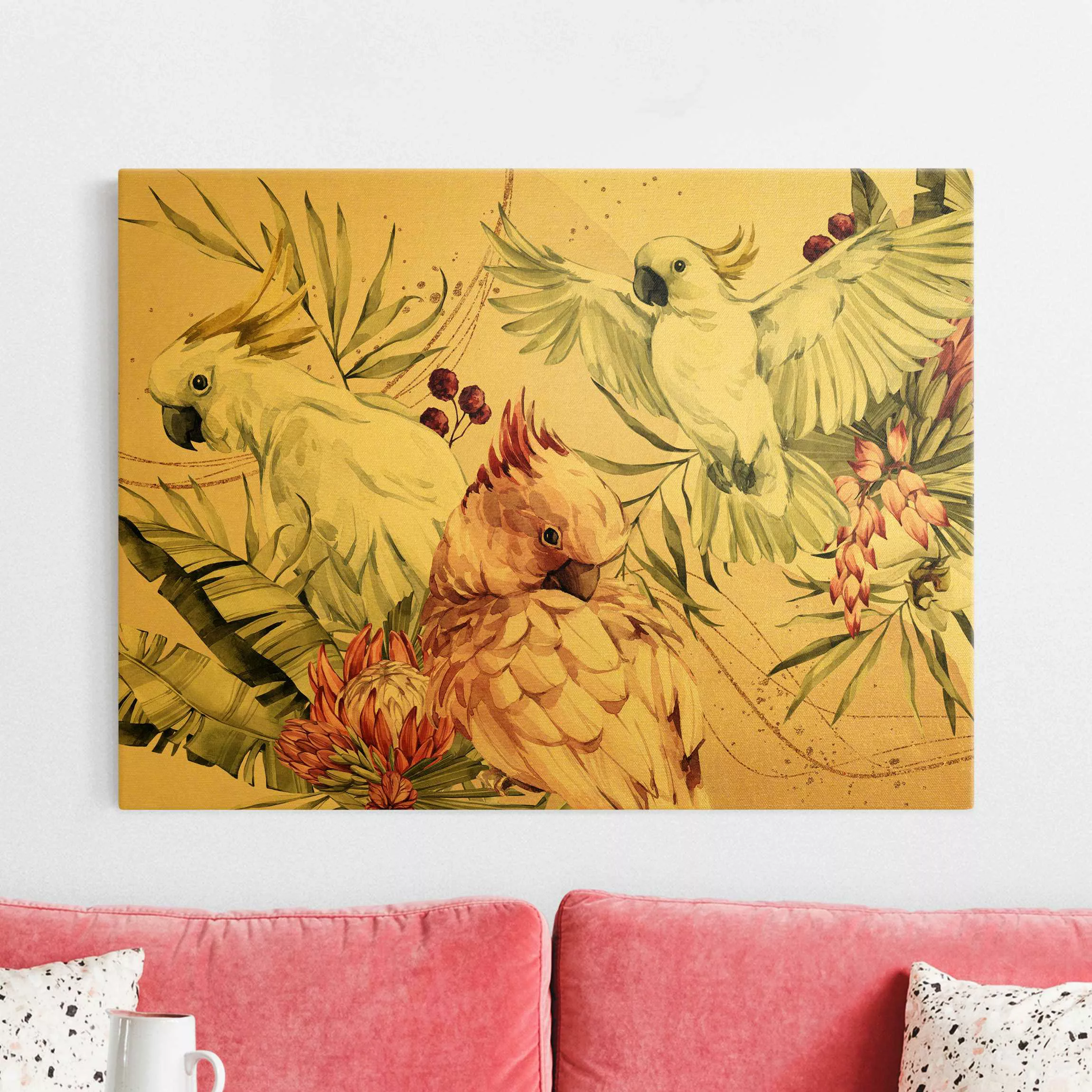 Leinwandbild Tropische Vögel - Kakadus Pink und Weiß günstig online kaufen