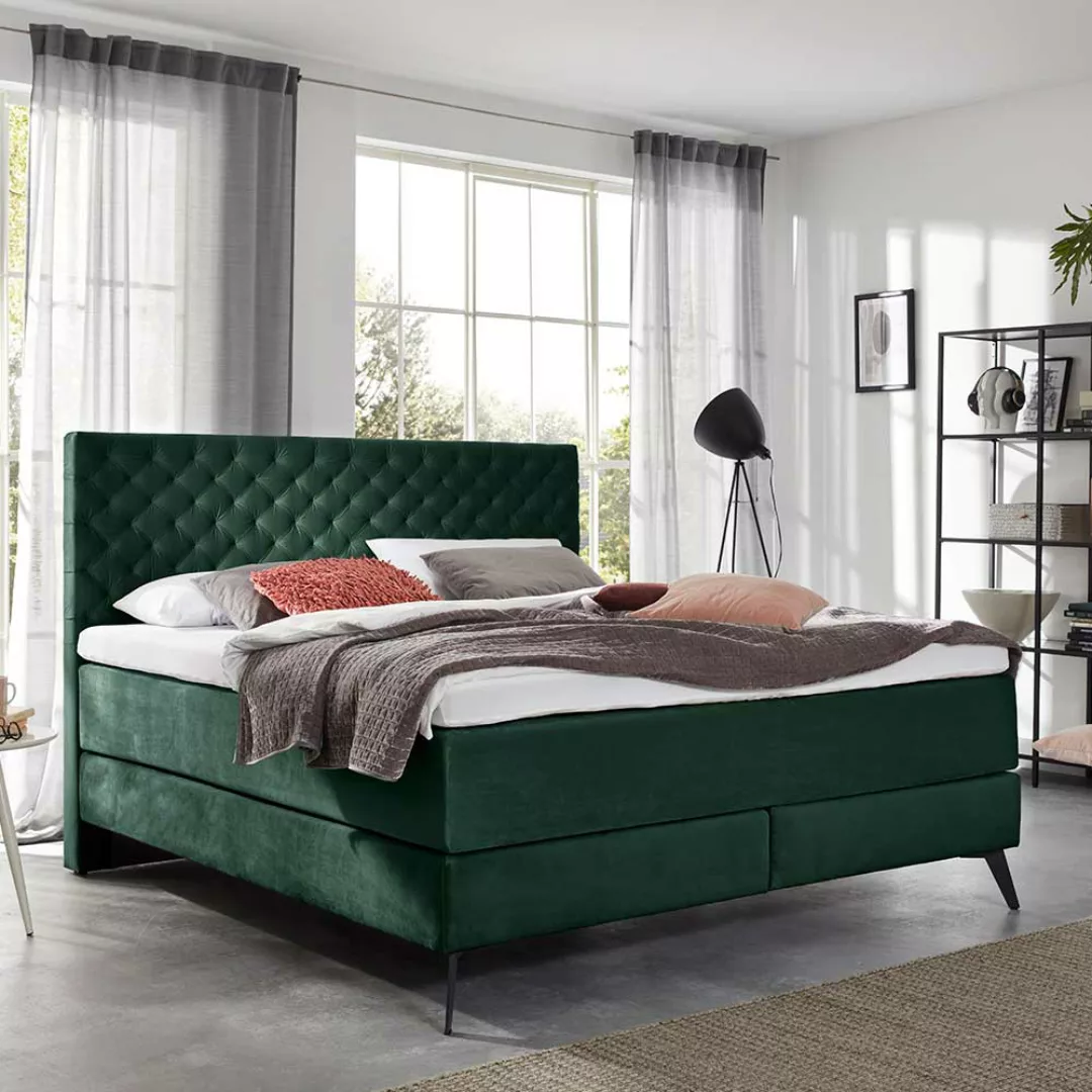 Chesterfield Boxspring Bett in Dunkelgrün Samt Metall Gestell günstig online kaufen