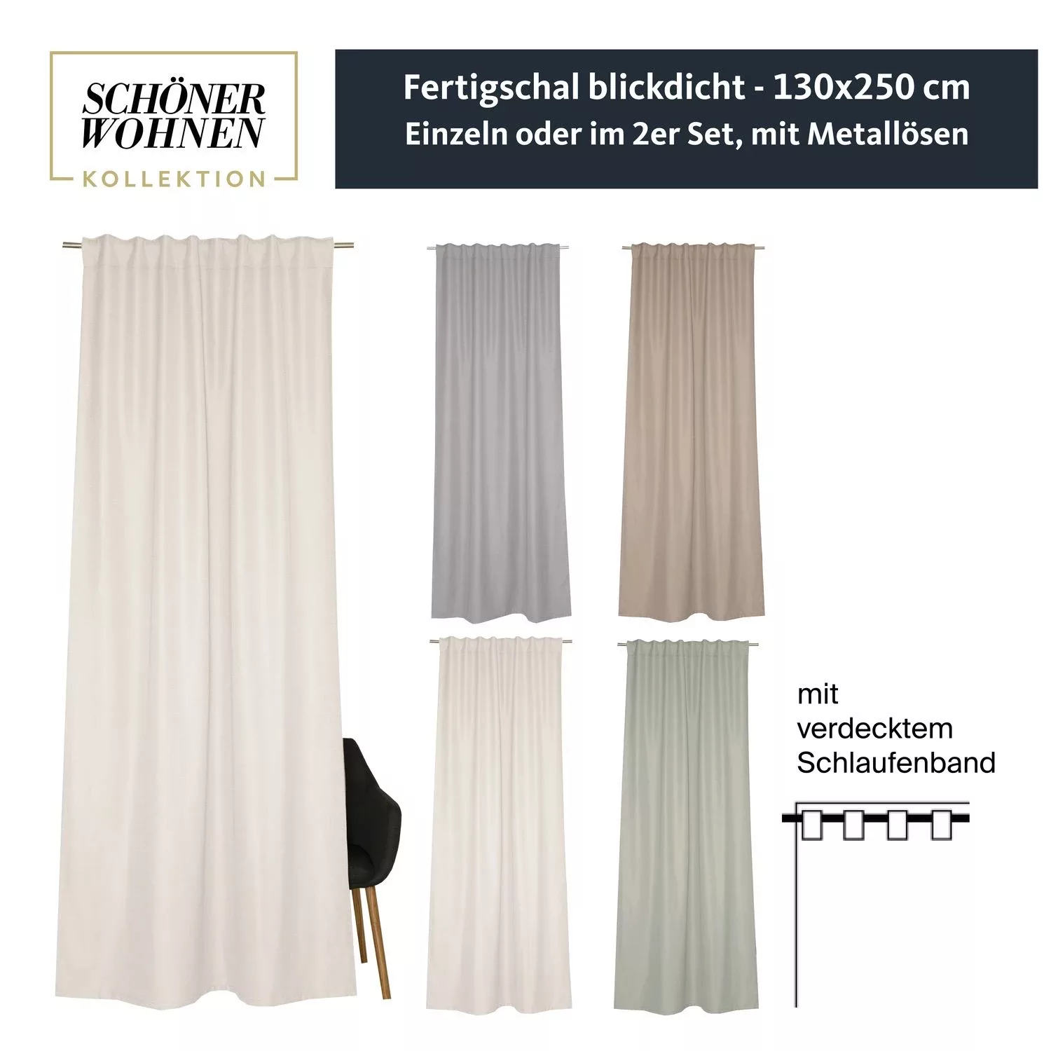 Schöner Wohnen Kollektion Vorhang mit verdecktem Schlaufenband 130x250cm OP günstig online kaufen