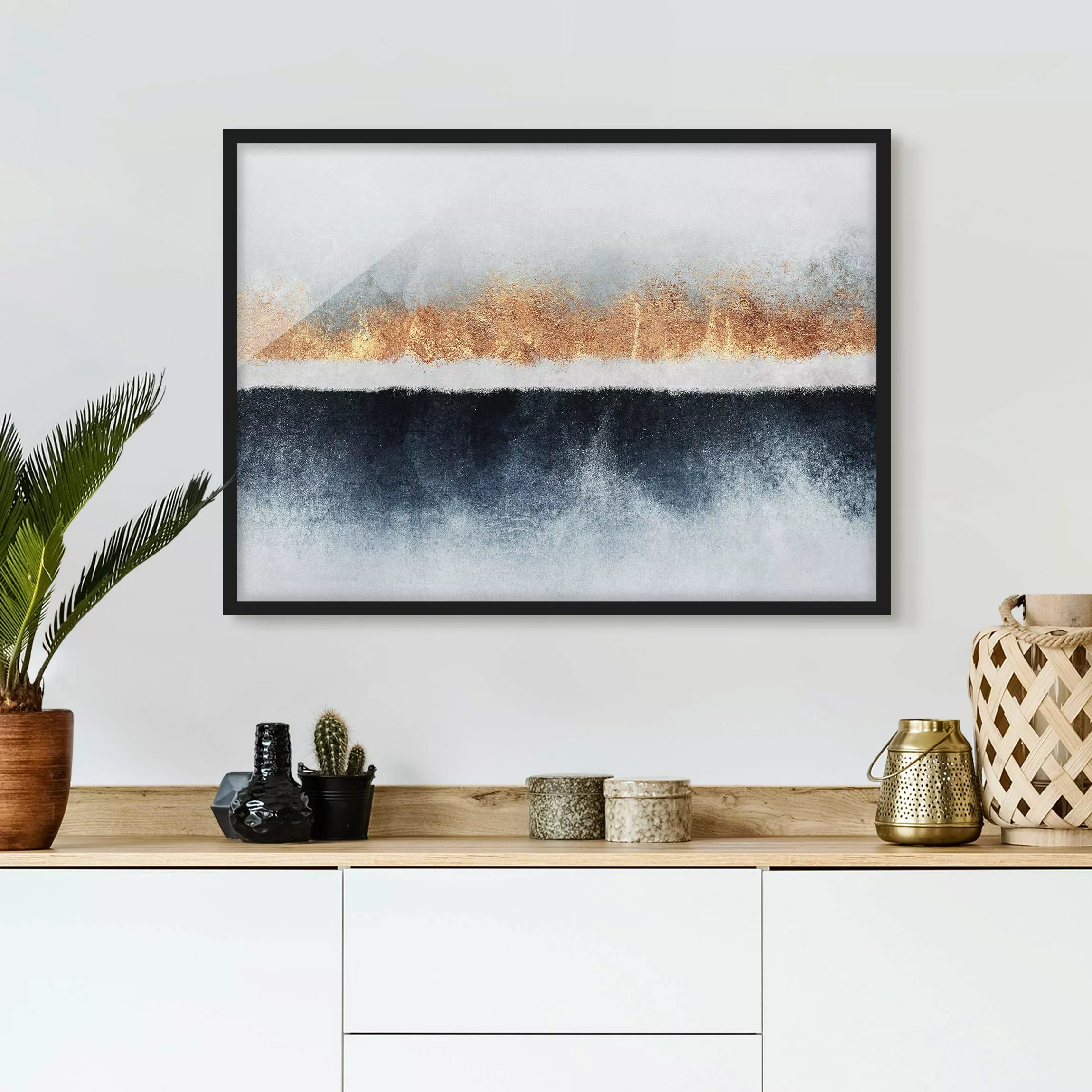 Bild mit Rahmen Abstrakt - Querformat Goldener Horizont Aquarell günstig online kaufen