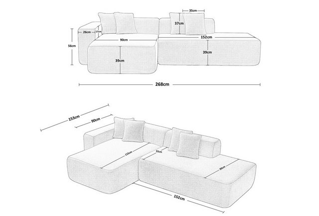 Fanttik Ecksofa Schaumstoff Sofa L-Form 268cm, mit Hochdichtem Schaumstoff günstig online kaufen