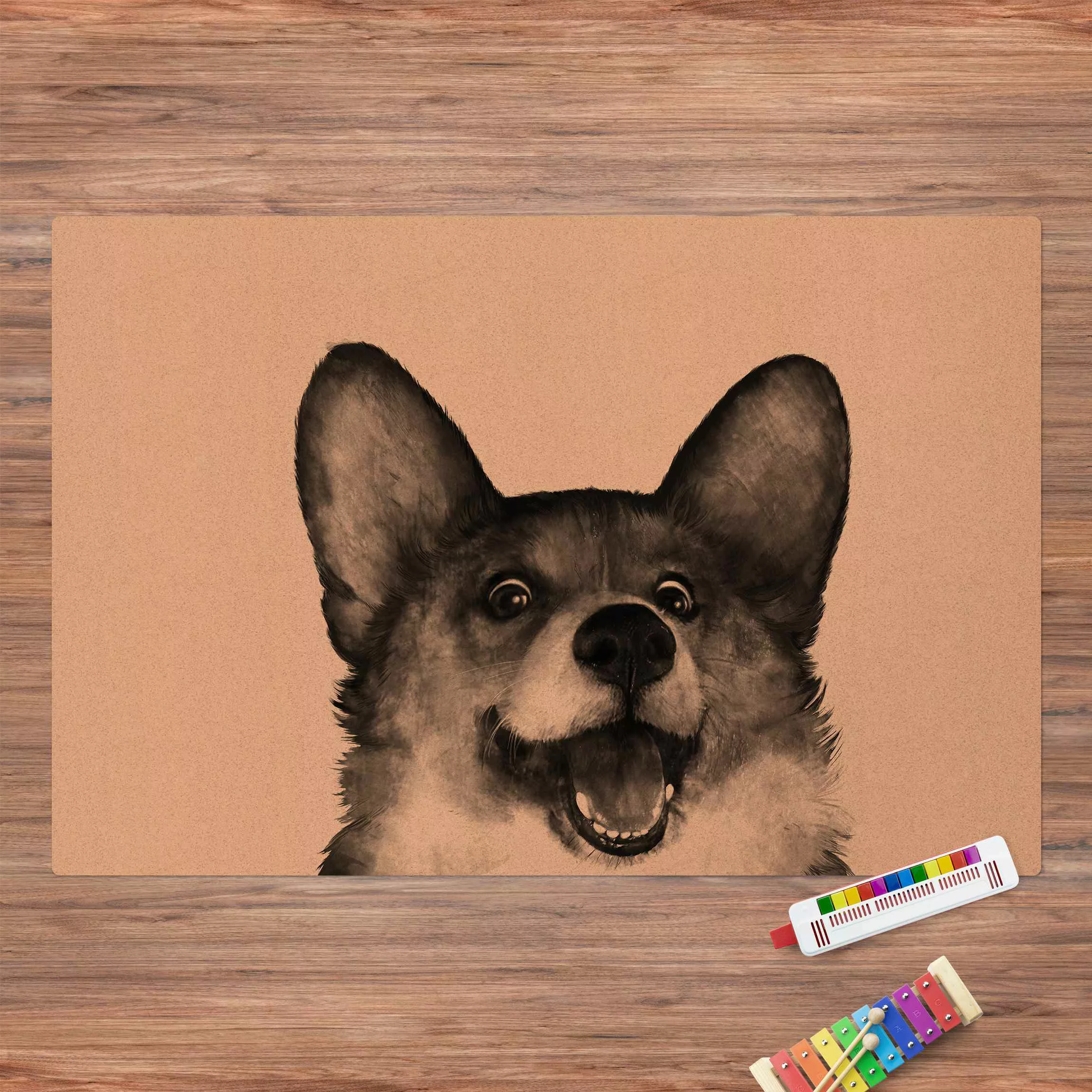Kork-Teppich Illustration Hund Corgi Weiß Schwarz Malerei günstig online kaufen