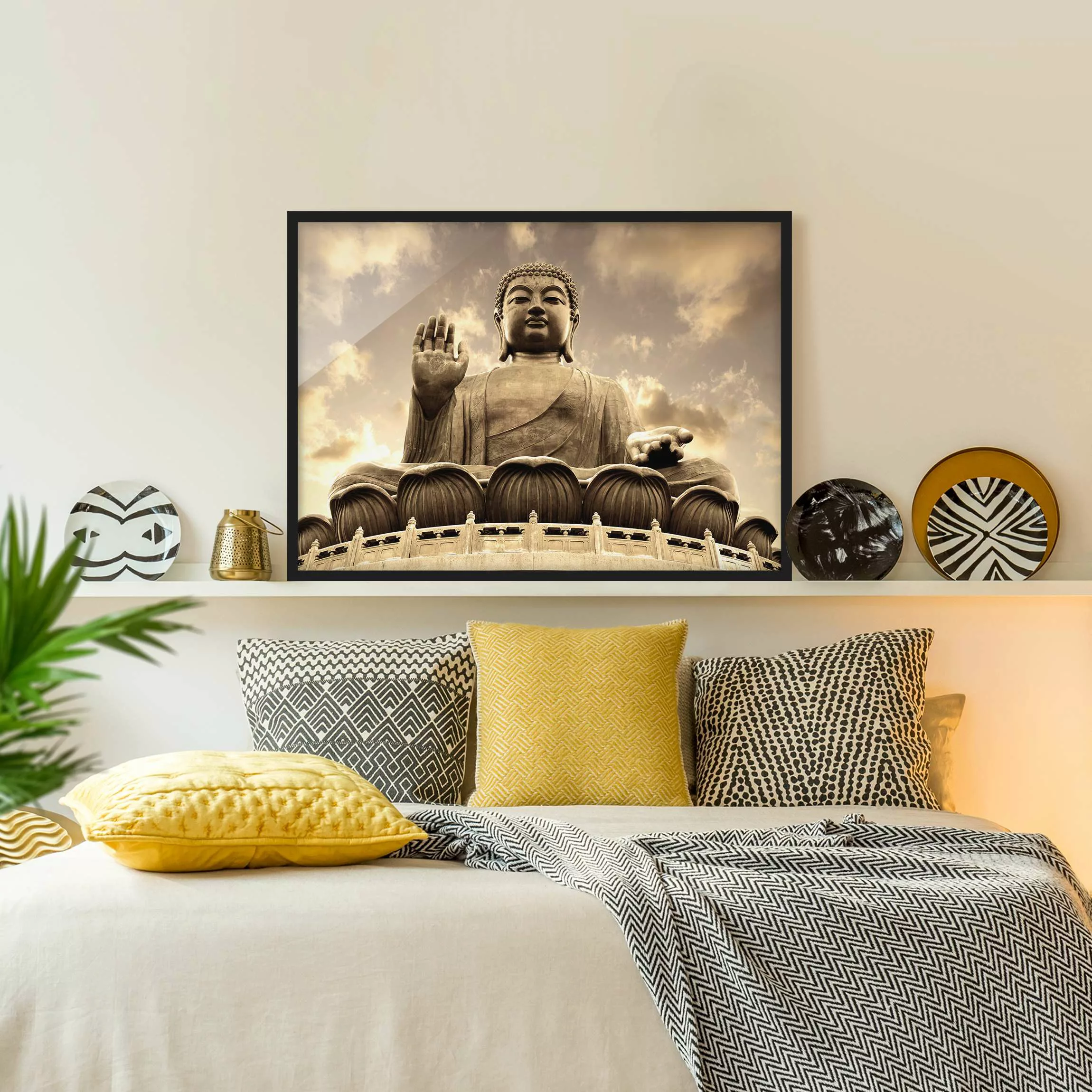 Bild mit Rahmen - Querformat Großer Buddha Sepia günstig online kaufen