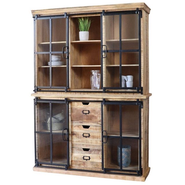 baario Vitrine Vitrinenschrank FINE Vintage 150cm Massivholz & Eisen Design günstig online kaufen