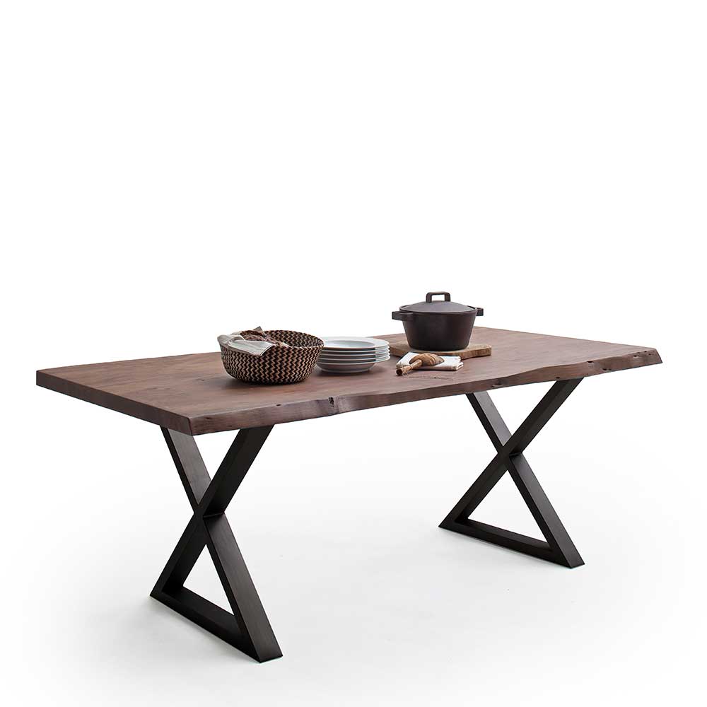 Esstisch Holztisch mit X Gestell und natürlicher Baumkante günstig online kaufen