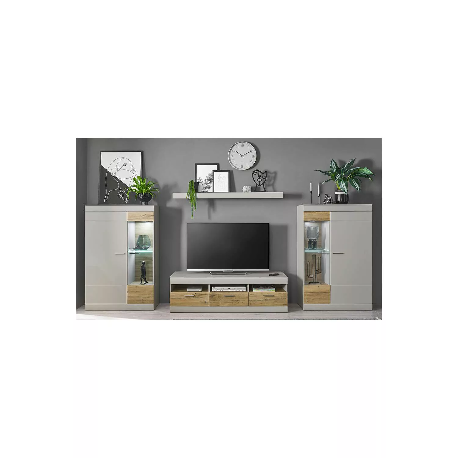 Modernes Wohnwandset inkl. Beleuchtung SINAIA-61 in grau matt mit Zinn Eich günstig online kaufen