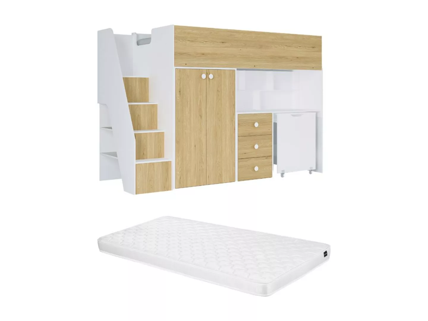 Hochbett mit Kleiderschrank & Schreibtisch + Matratze - 90 x 190 cm - Weiß günstig online kaufen