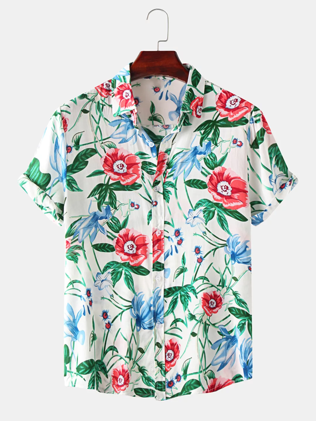 Herren Casual Cotton Floral Print Umdrehen Kragen Kurzarm Shirts günstig online kaufen