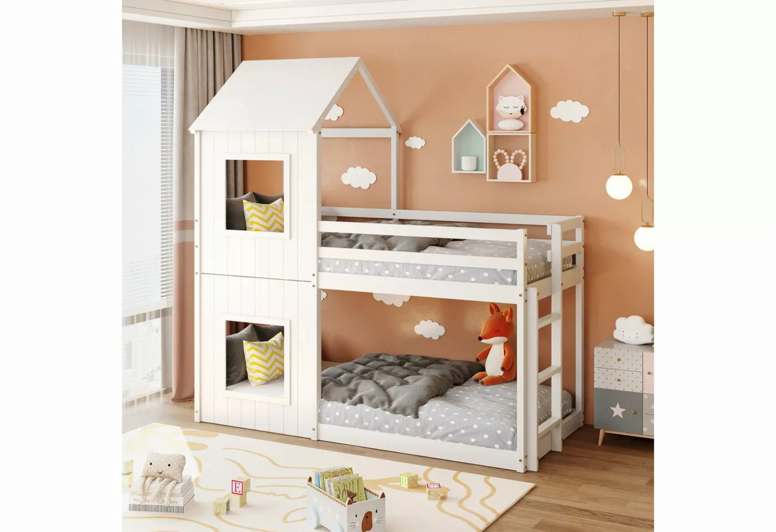 KoDise Kinderbett 90×200cm Etagenbett Holzbett mit Leiter & Baldachin, mass günstig online kaufen