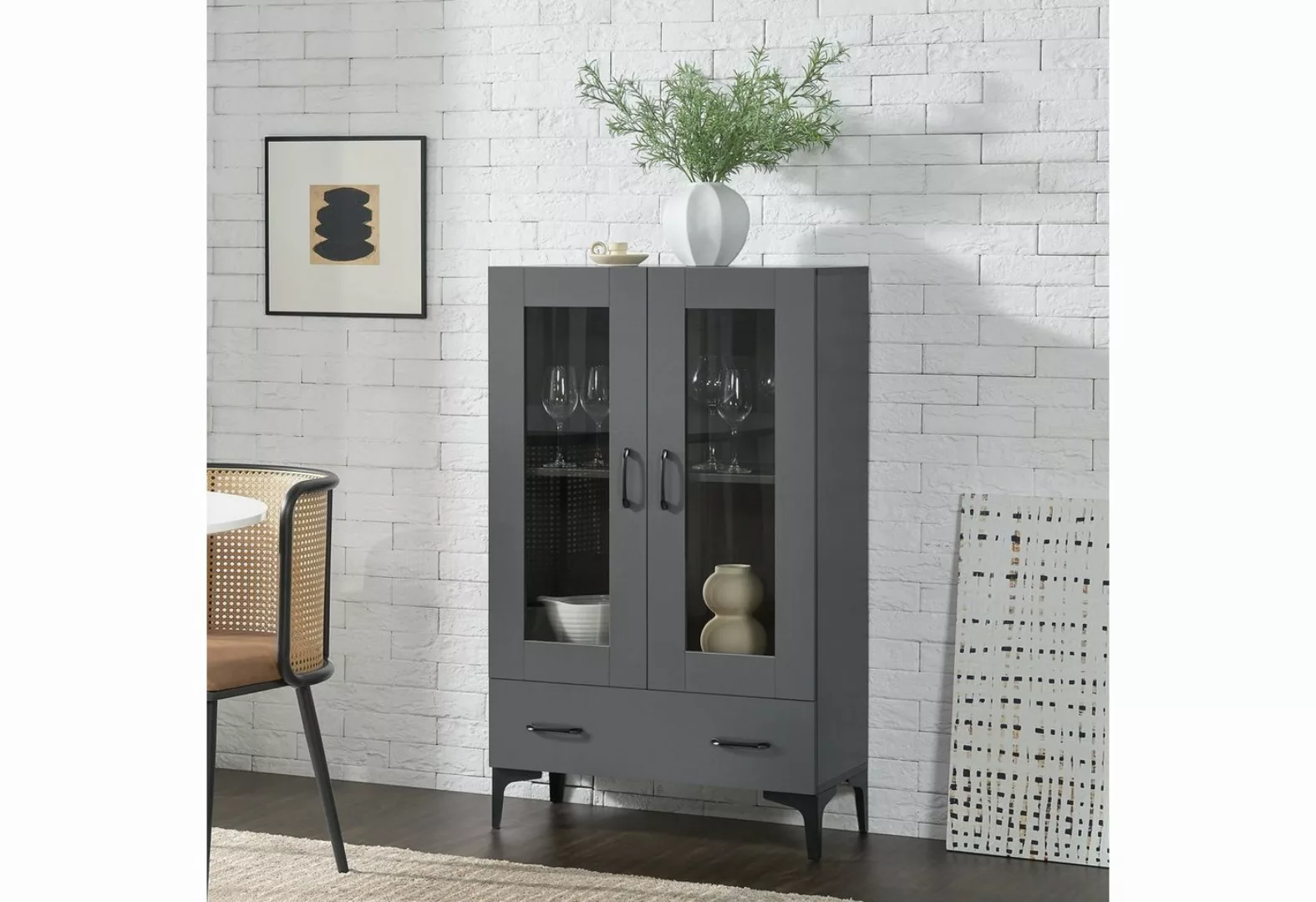 en.casa Vitrine »Søndersø« Wohnzimmerschrank mit Schublade 70x31x115cm Dunk günstig online kaufen