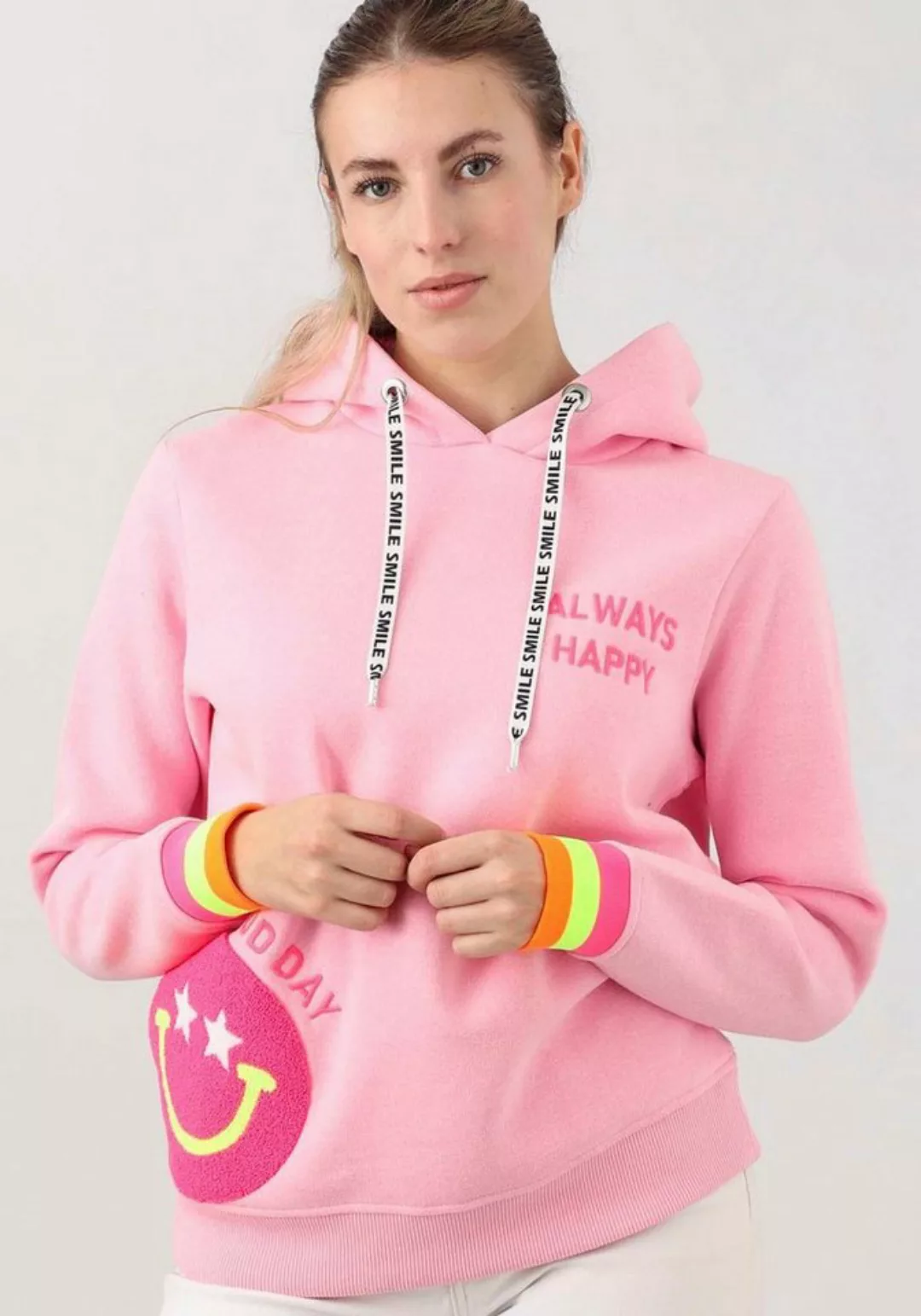 Zwillingsherz Hoodie Always Happy mit Smiley Aufdruck aus Frottee und Neon günstig online kaufen