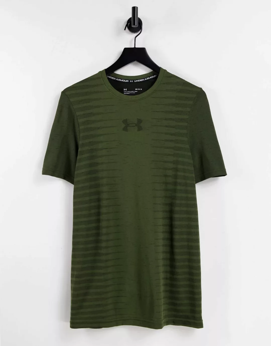 Under Armour – Nahtloses T-Shirt mit Schriftzug am Rücken in Khaki-Grün günstig online kaufen