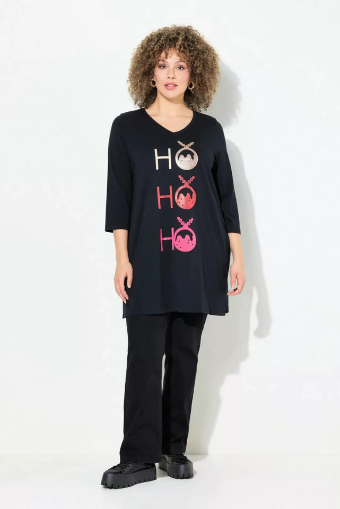 Ulla Popken Longshirt Longshirt Ho Ho Ho A-Linie V-Ausschnitt 3/4-Arm günstig online kaufen