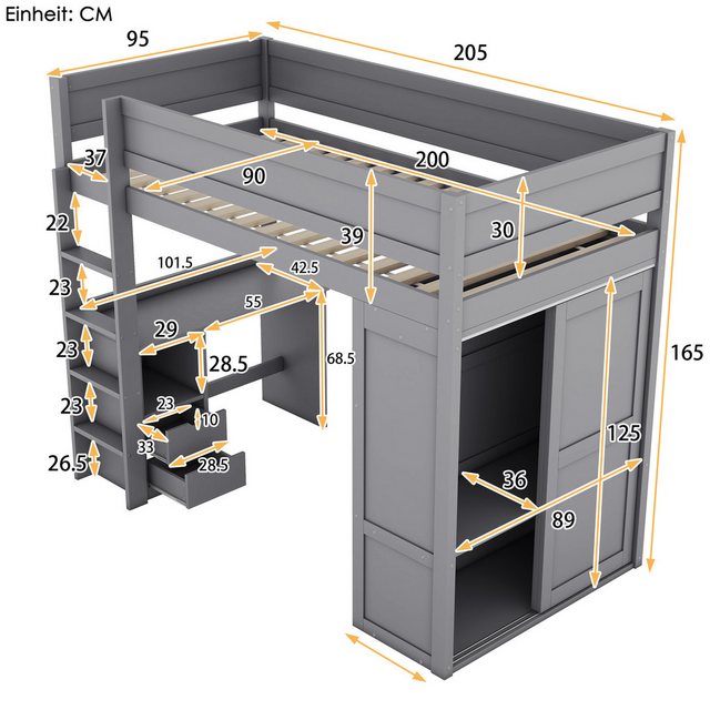 TavilaEcon Hochbett aus massivem Kiefernholz und MDF, mit Kleiderschrank un günstig online kaufen