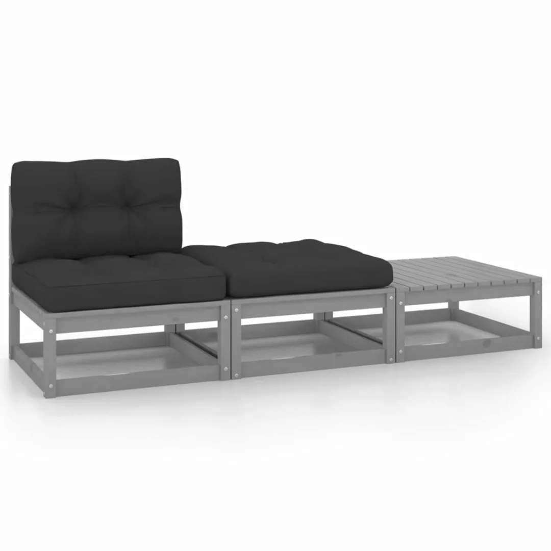 3-tlg. Garten-lounge-set Mit Kissen Grau Kiefer Massivholz günstig online kaufen