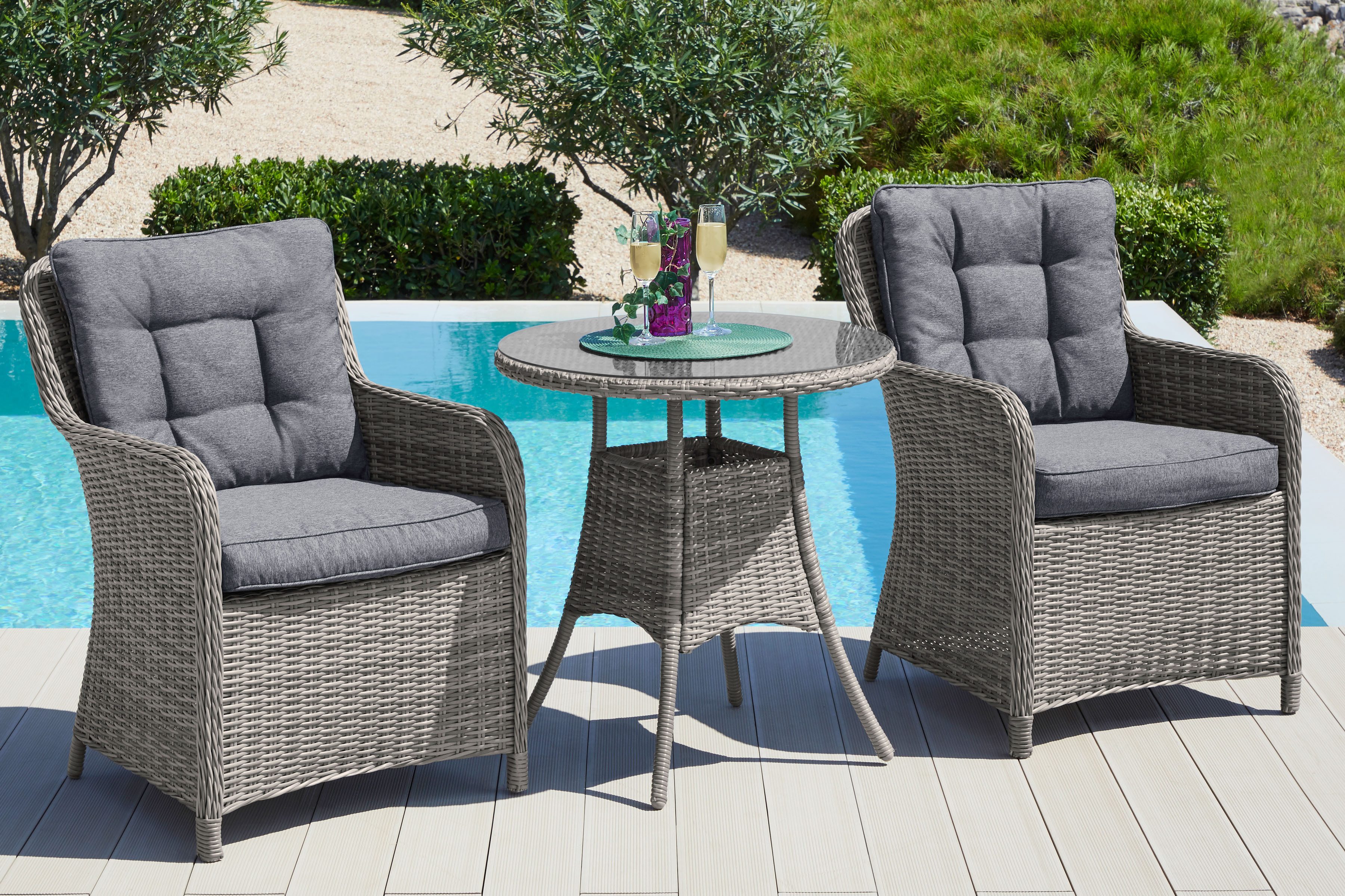 KONIFERA Garten-Essgruppe "Menorca", (Set, 3 tlg., 2x Sessel, 1x Tisch Ø 70 günstig online kaufen