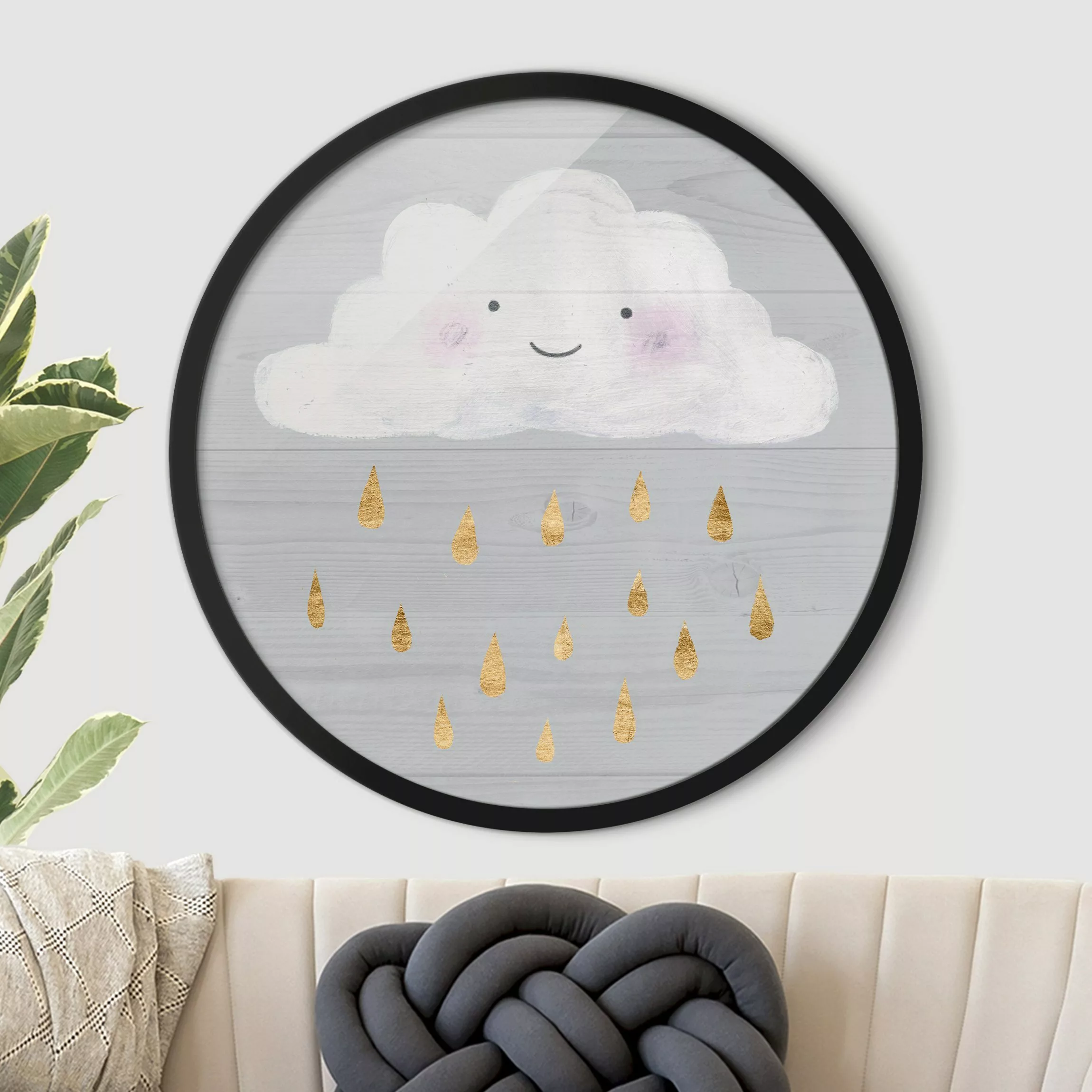 Rundes Gerahmtes Bild Wolke mit goldenen Regentropfen günstig online kaufen