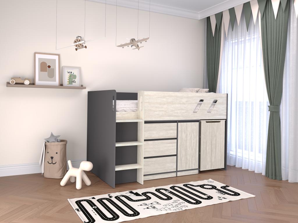 Kombi-Bett 90 x 190 cm - Mit Schreibtisch & Stauraum - Anthrazit & hellgrau günstig online kaufen