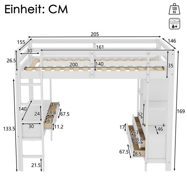 Flieks Hochbett Kiefer Kinderbett mit Schreibtisch & Stauraumregal 140x200c günstig online kaufen