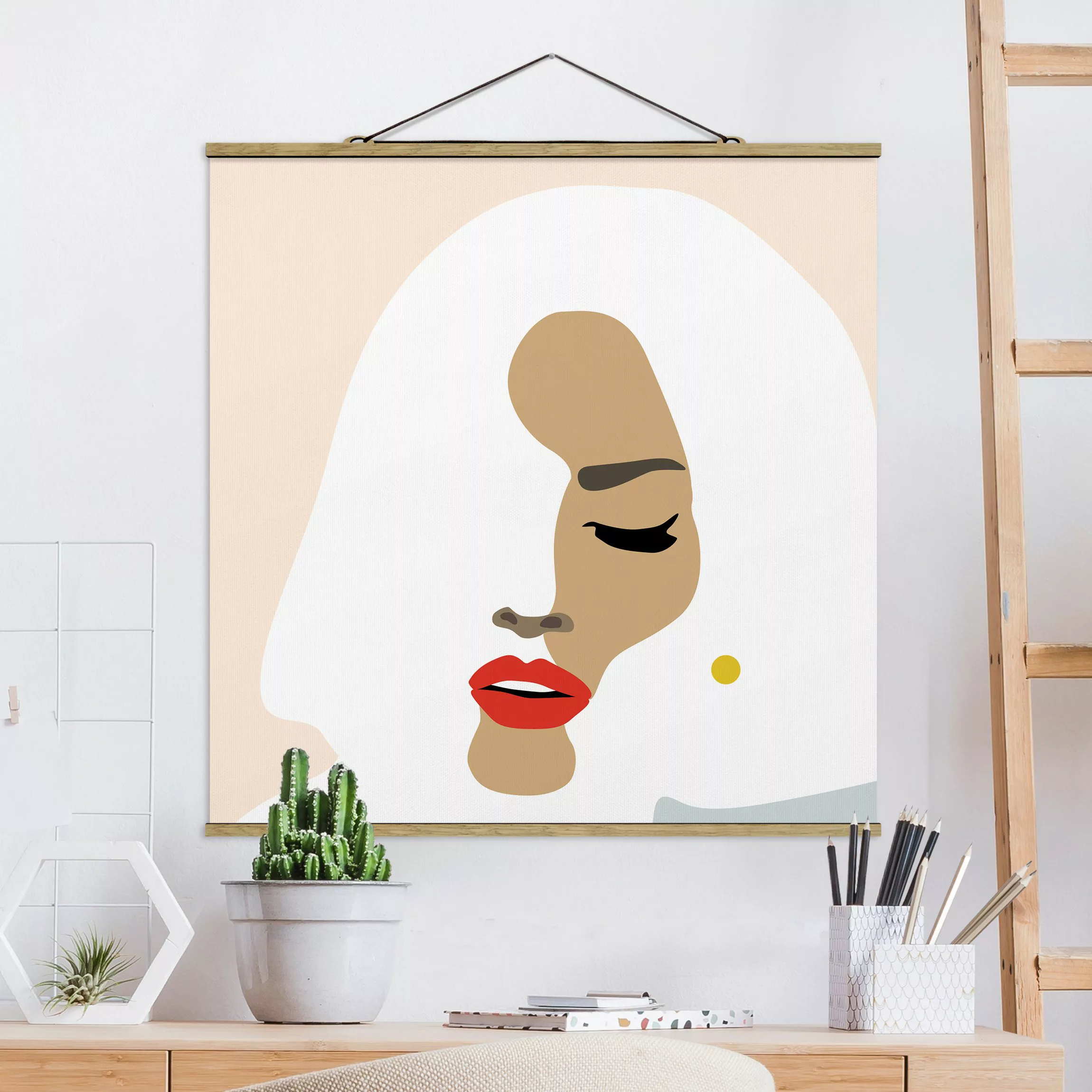 Stoffbild Abstrakt mit Posterleisten - Quadrat Line Art Portrait Frau Paste günstig online kaufen