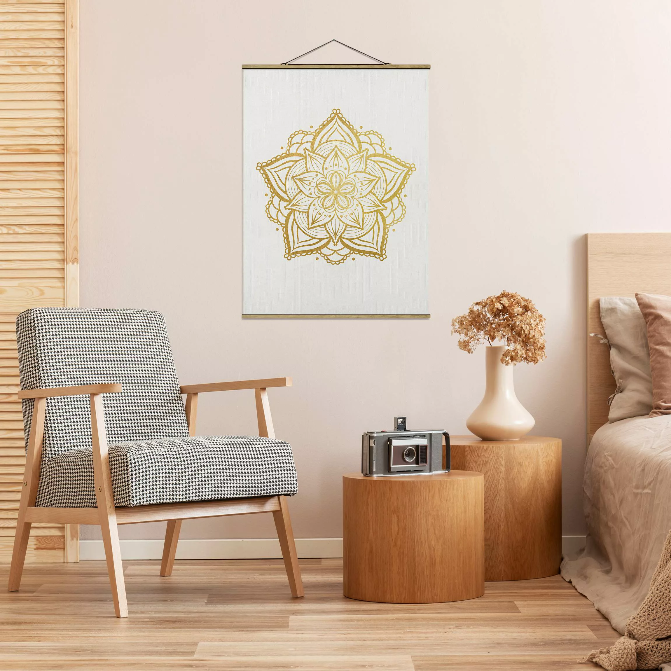 Stoffbild Mandala mit Posterleisten - Hochformat Mandala Blüte Sonne Illust günstig online kaufen