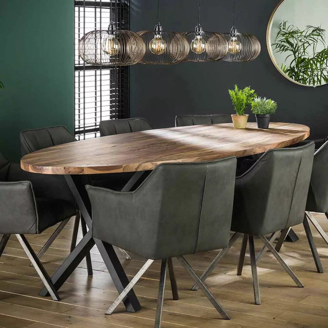 Ovaler Esszimmertisch aus Nussbaum Massivholz und Stahl X Fußgestell günstig online kaufen