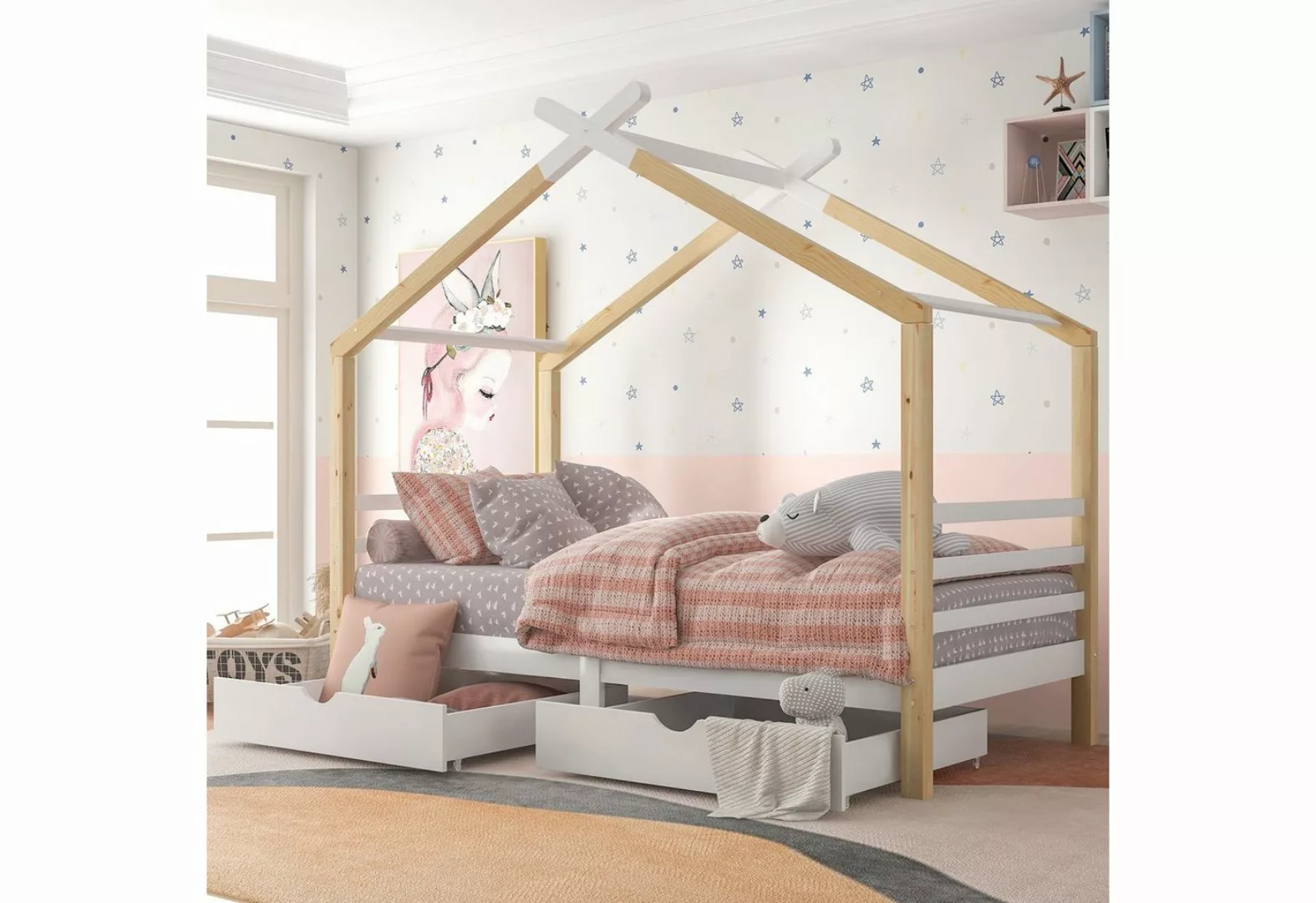 Flieks Kinderbett (1-tlg), Hausbett mit 2 Schubladen Massivholzbett 90x200c günstig online kaufen