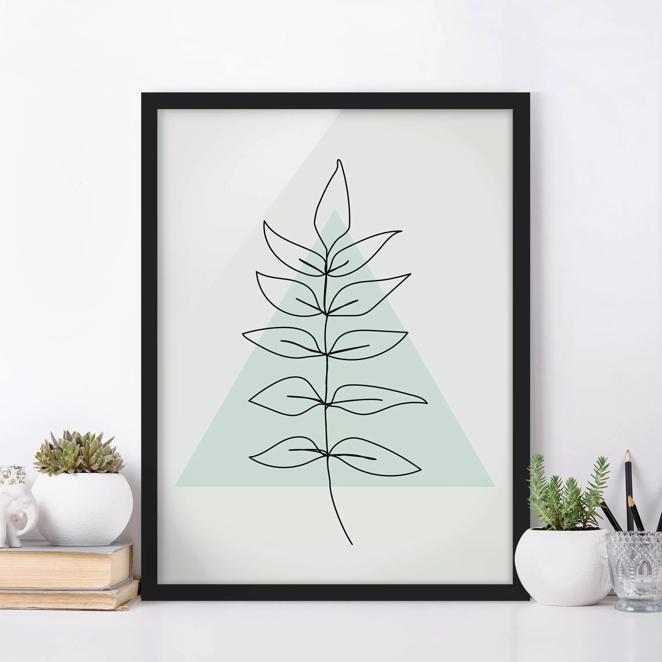 Bild mit Rahmen Blumen - Hochformat Zweig Geometrie Dreieck Line Art günstig online kaufen