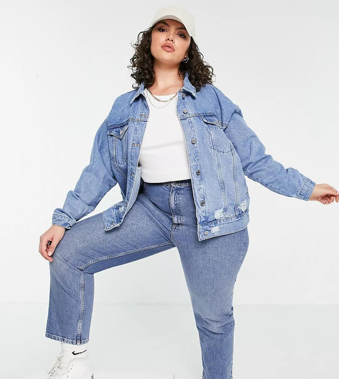 Missguided Plus – Blaue Oversize-Jeansjacke mit Rissen günstig online kaufen