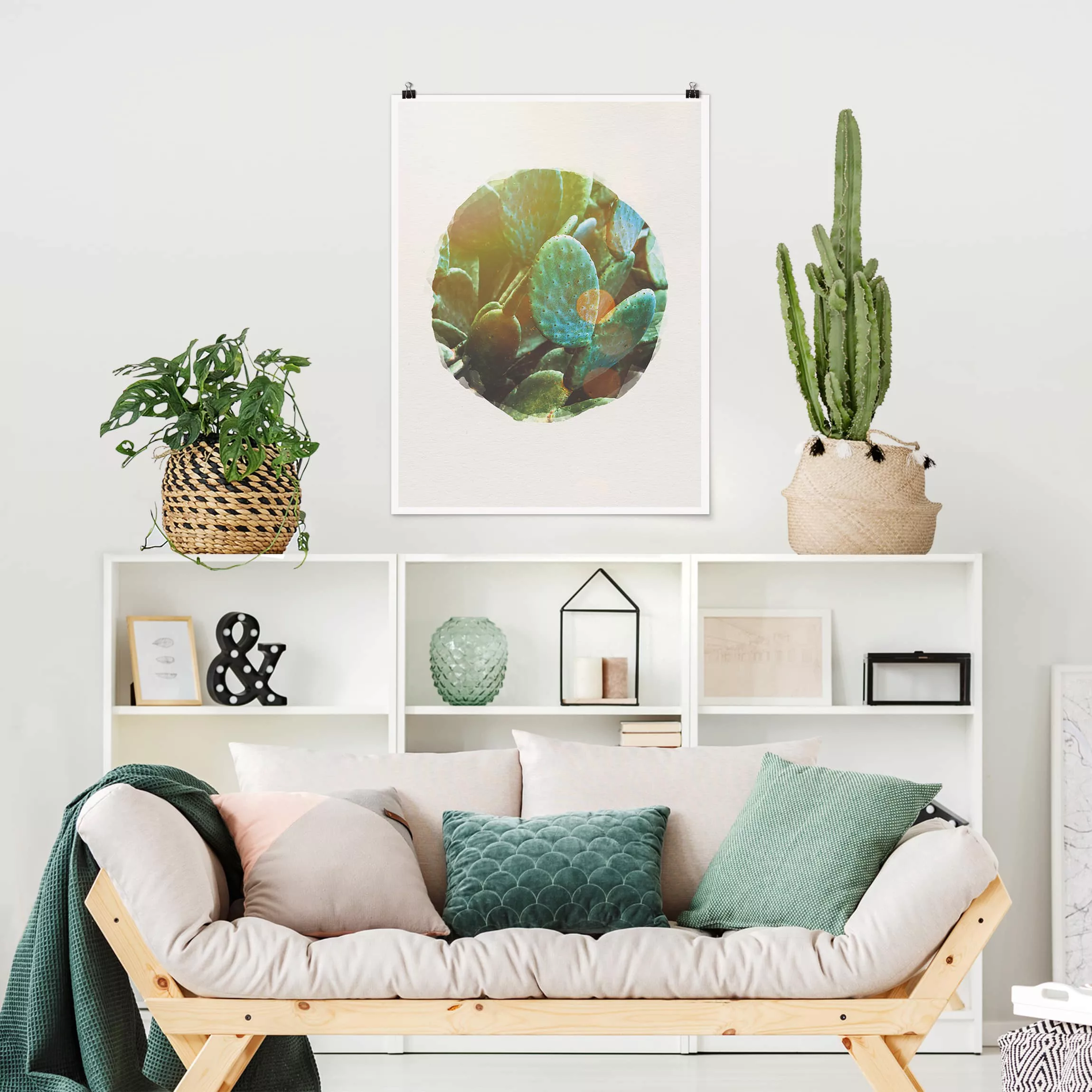 Poster Blumen - Hochformat Wasserfarben - Feigenkaktus günstig online kaufen