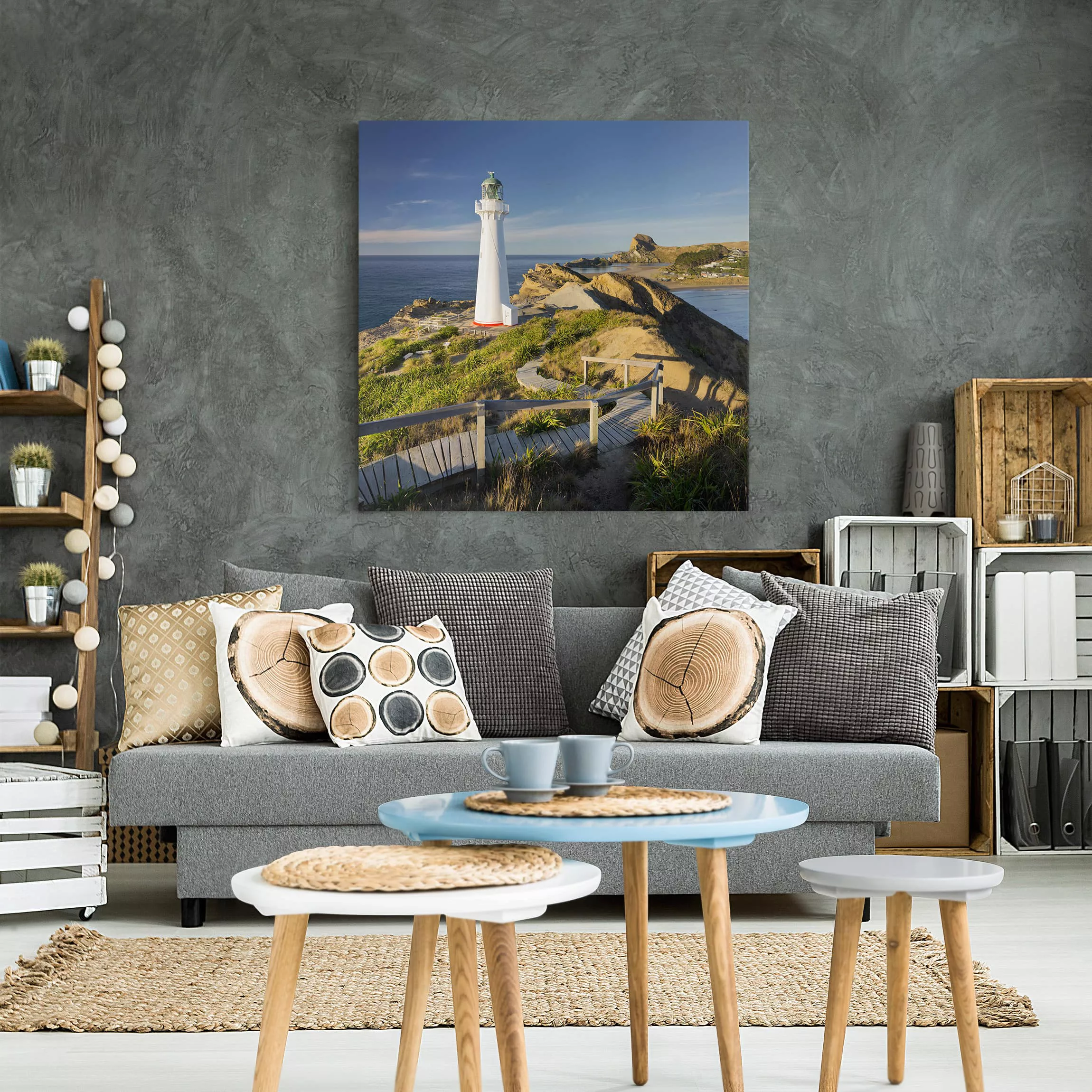 Leinwandbild Strand - Quadrat Castle Point Leuchtturm Neuseeland günstig online kaufen
