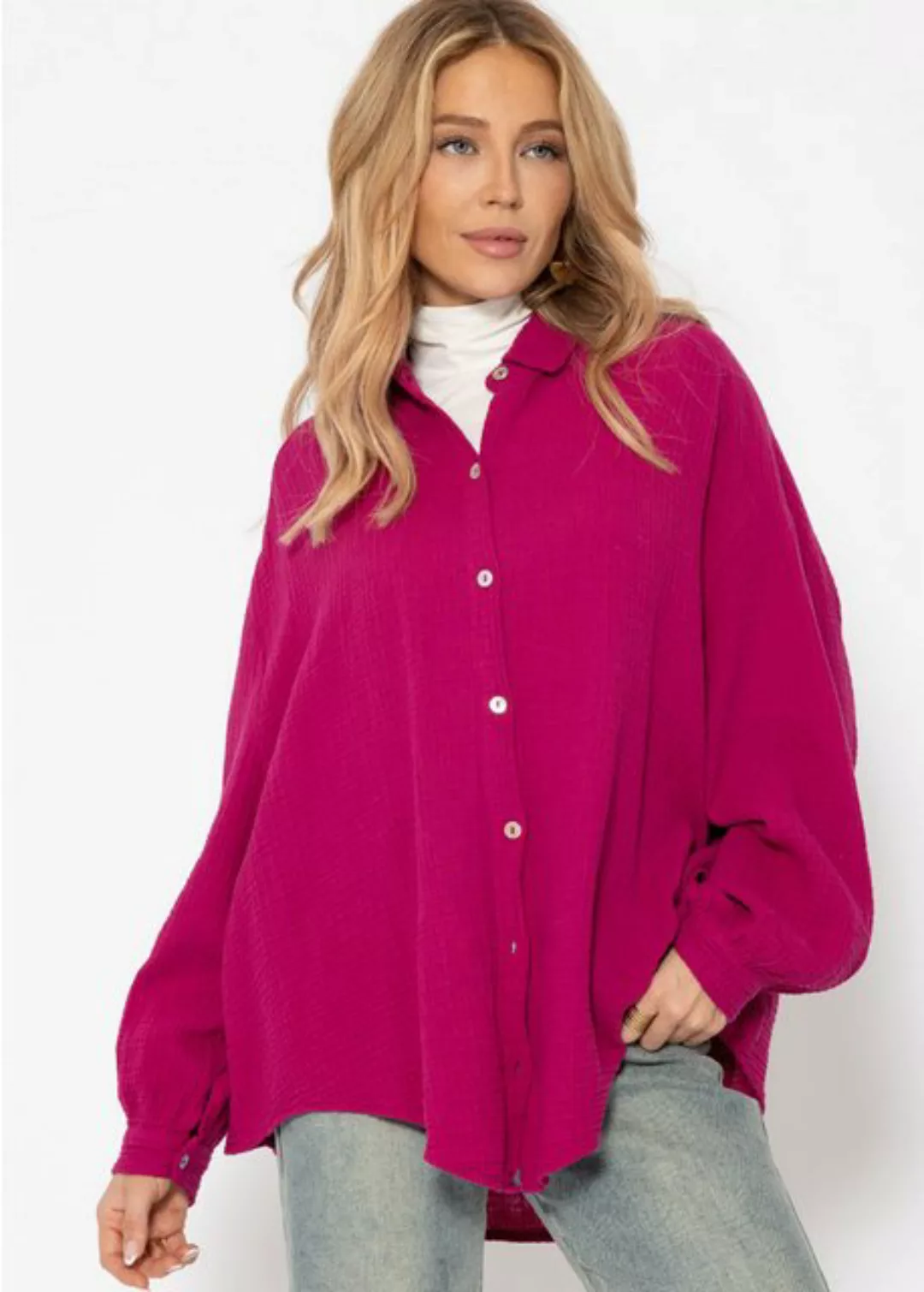 SASSYCLASSY Longbluse Oversize Musselin Bluse Damen kurz Langarm Elegant He günstig online kaufen