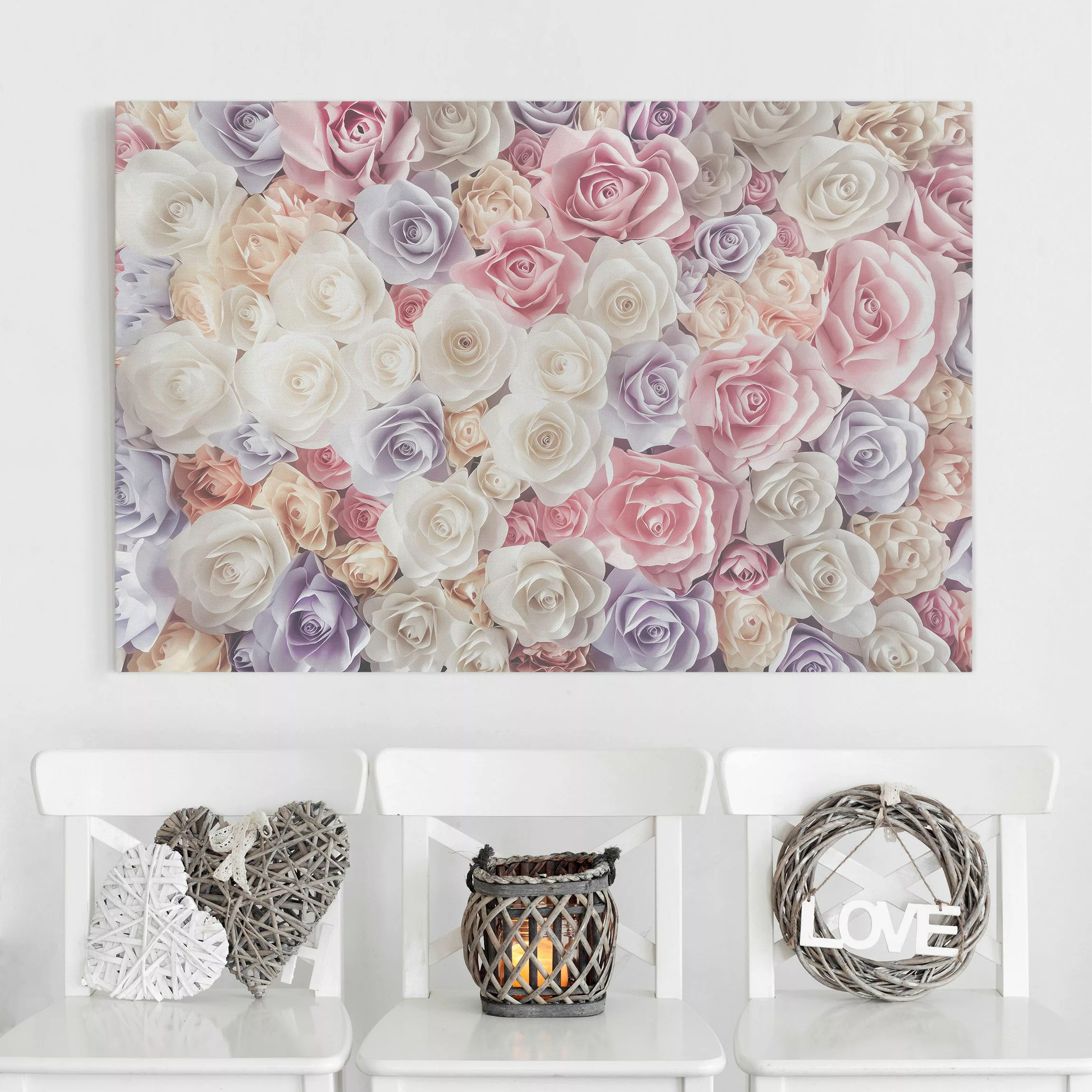 Leinwandbild Blumen - Querformat Pastell Paper Art Rosen günstig online kaufen