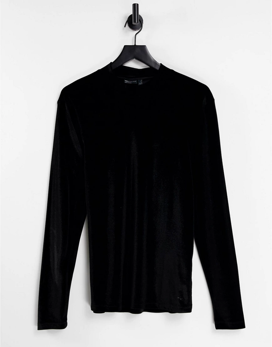 ASOS DESIGN – Langärmliges Muskelshirt aus Velour in Schwarz mit Rollkragen günstig online kaufen