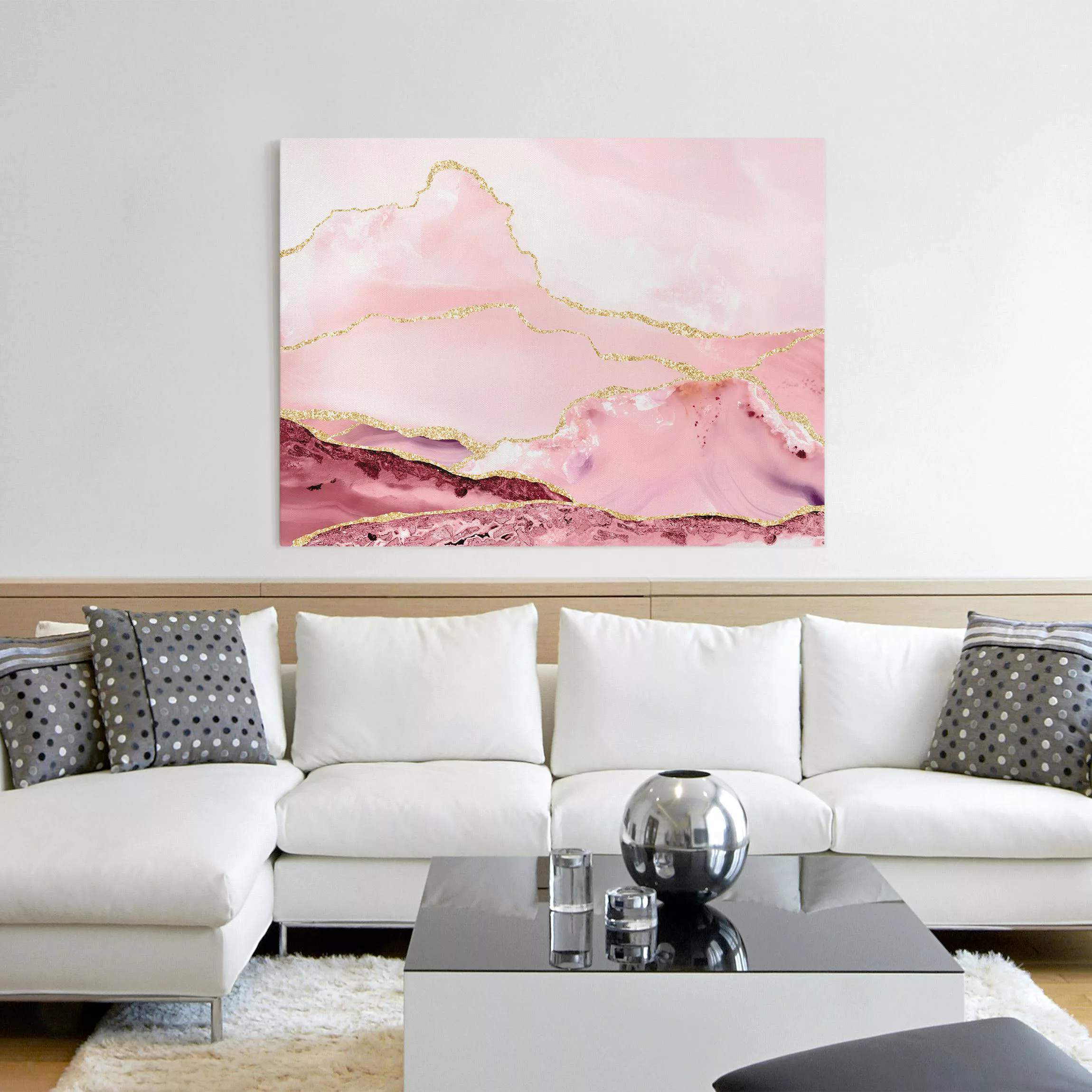 Leinwandbild Abstrakte Berge Rosa mit Goldenen Linien günstig online kaufen