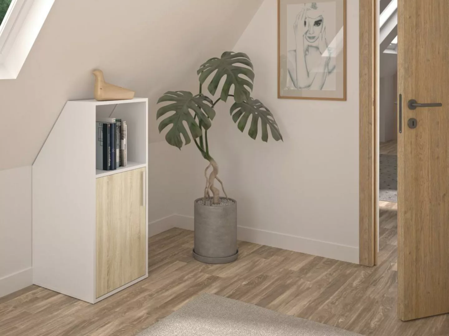 Schrank unter Dachschräge mit 1 Tür & 1 Ablage - Weiß & Holzfarben - ADEZIO günstig online kaufen
