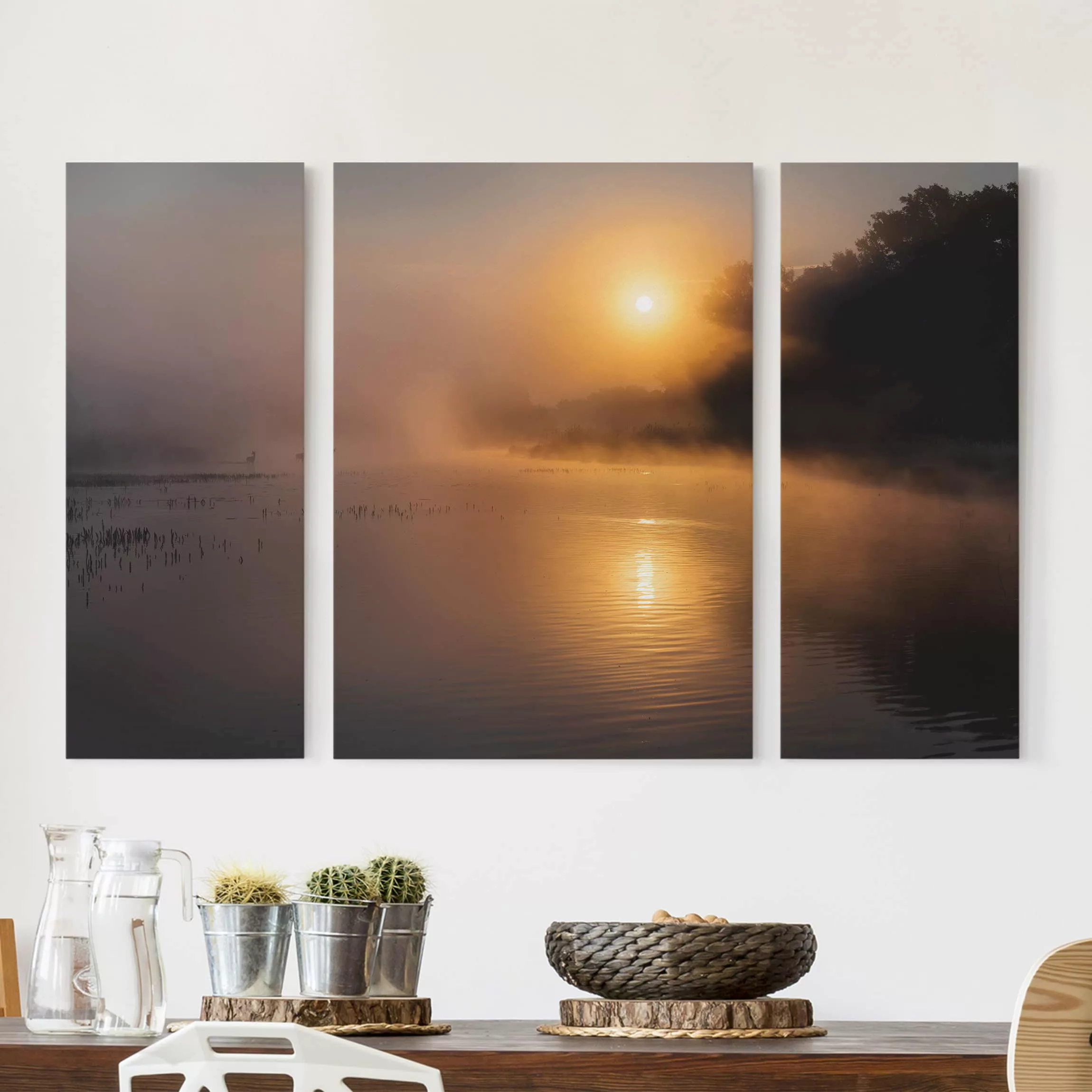 3-teiliges Leinwandbild Natur & Landschaft Sonnenaufgang am See mit Rehen i günstig online kaufen