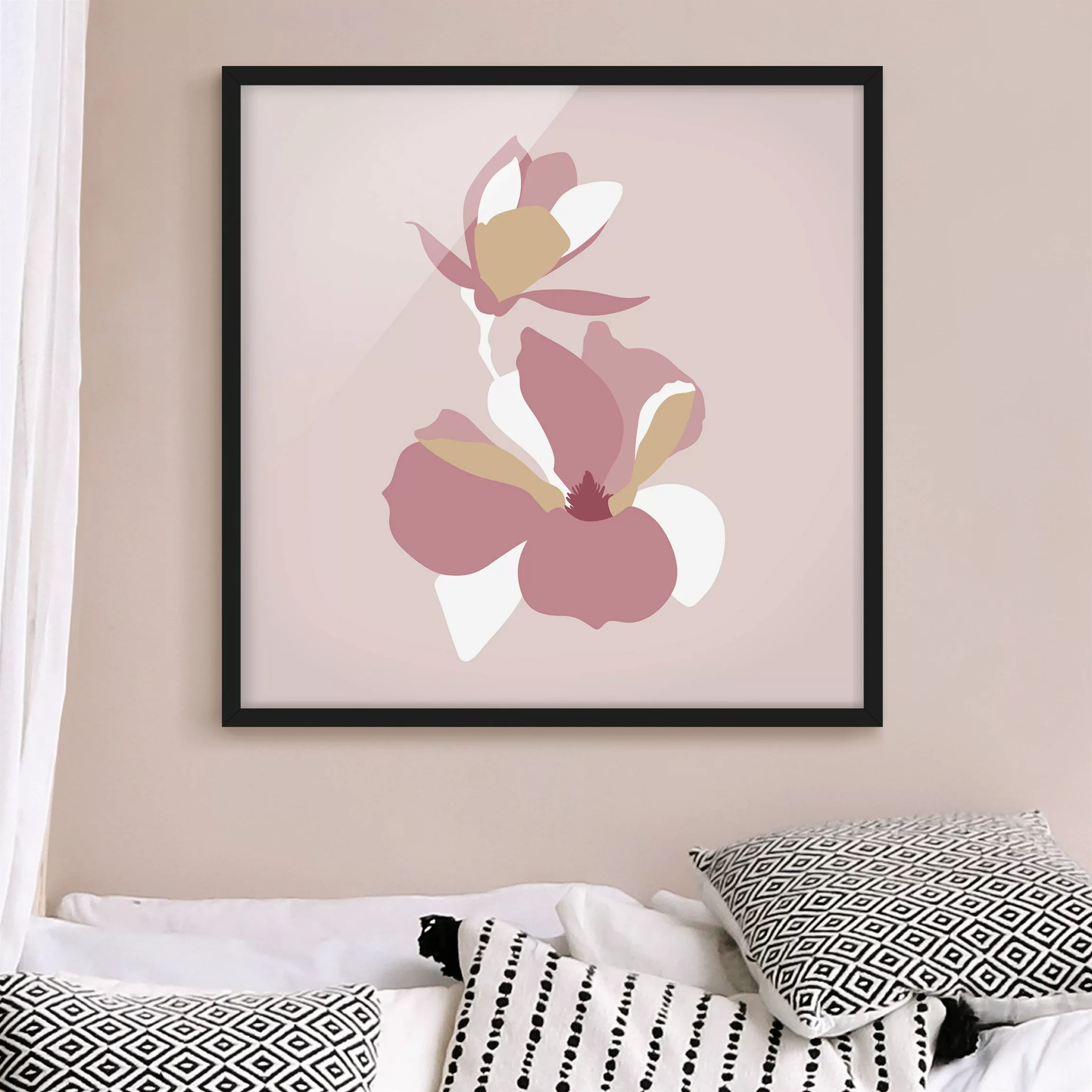 Bild mit Rahmen Blumen - Quadrat Line Art Blüten Pastell Rosa günstig online kaufen