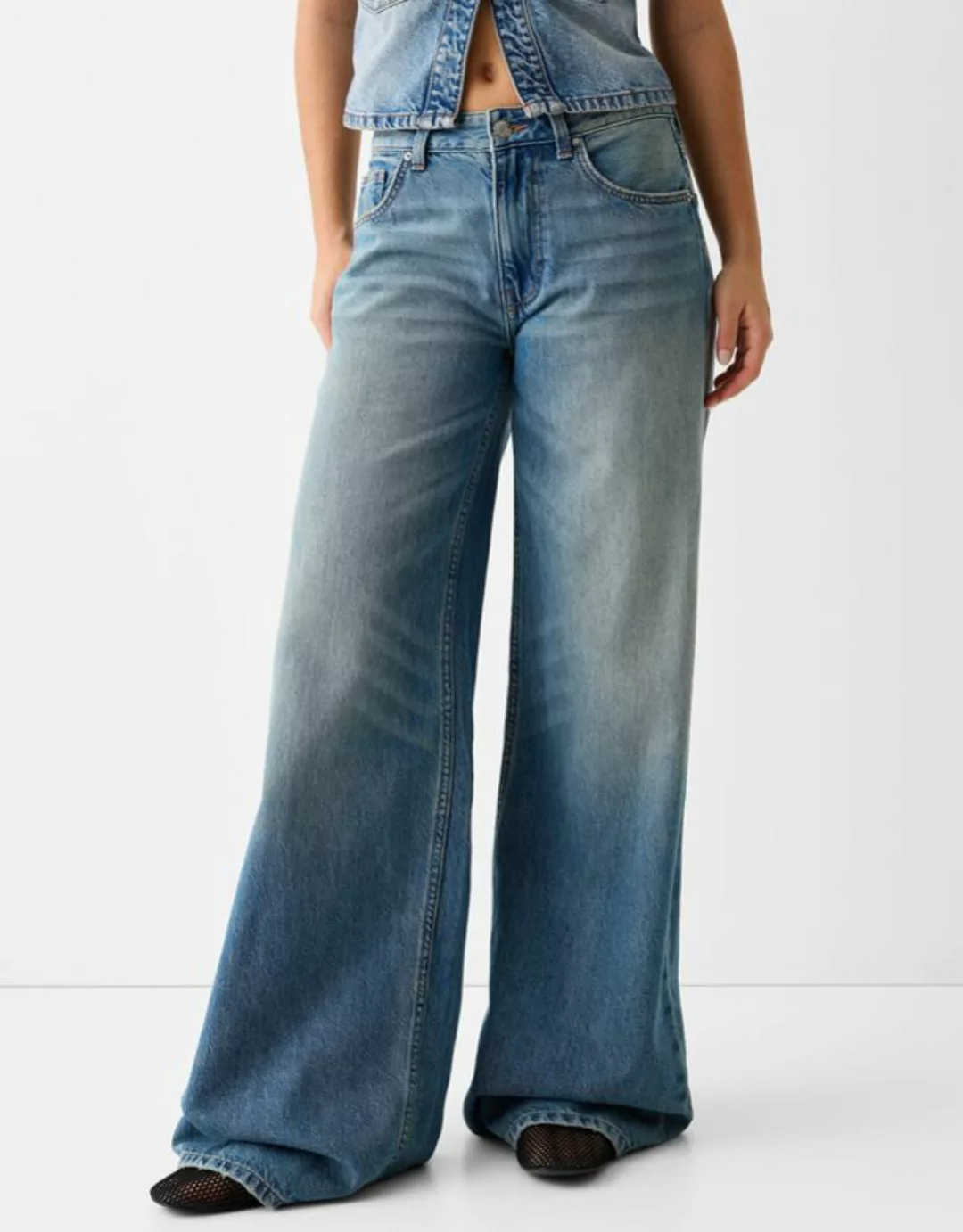 Bershka Wide-Leg-Jeans Damen 32 Ausgewaschenes Blau günstig online kaufen