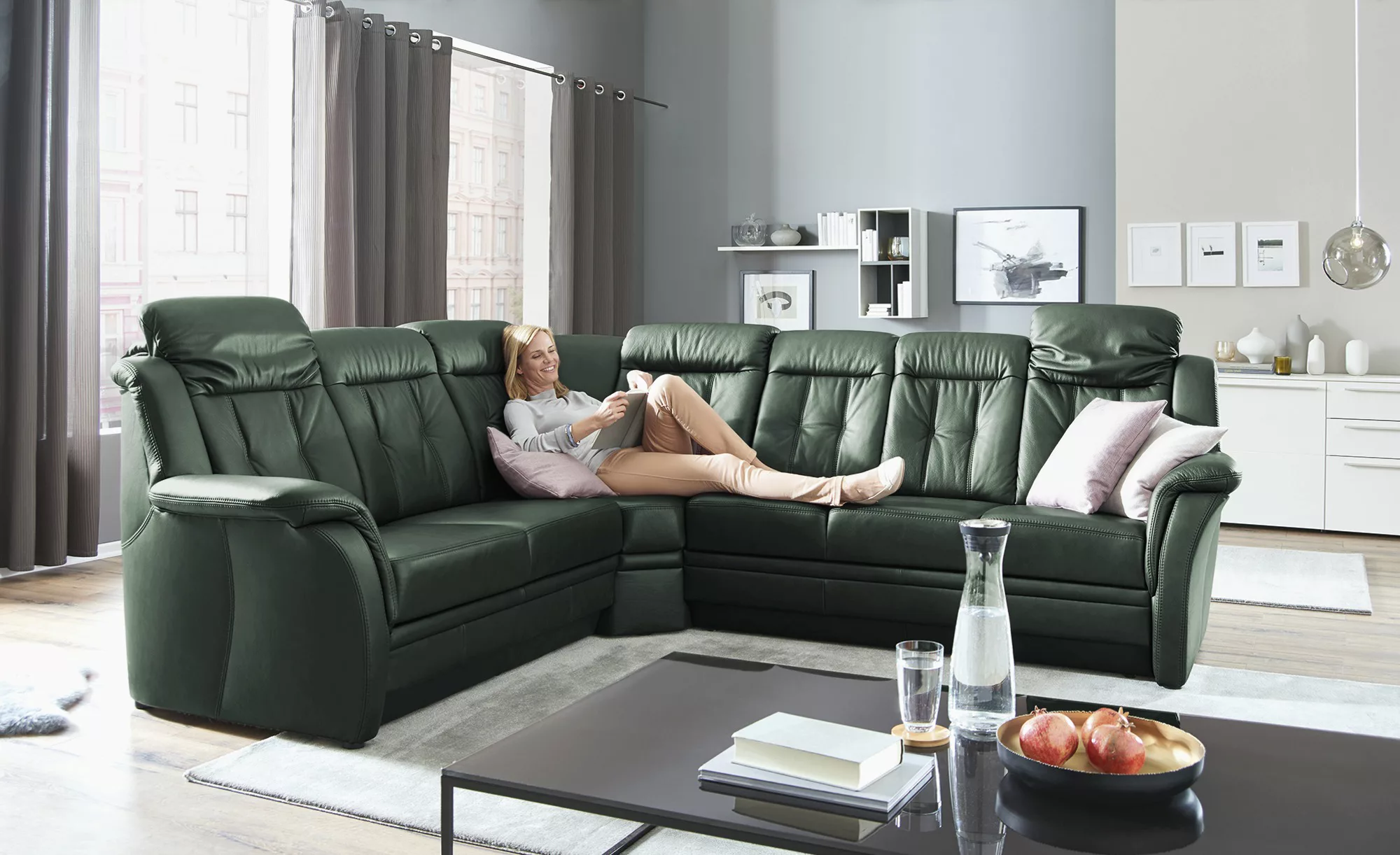 Polstermöbel Oelsa Komfort-Ecksofa aus Leder  Andorra ¦ grün ¦ Maße (cm): B günstig online kaufen