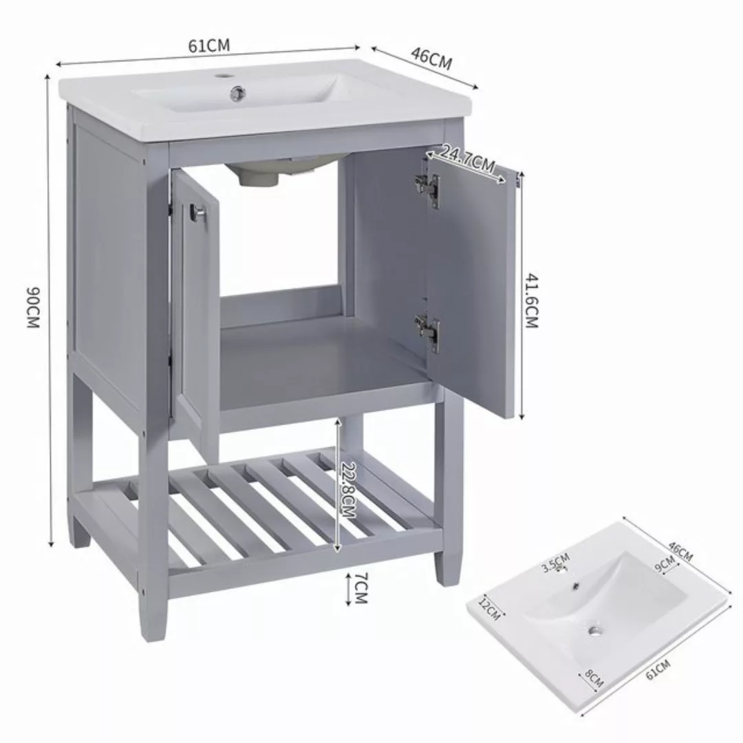 HT Waschbeckenunterschrank 61 x 46 x 90 cm Badmöbel Einzel Waschtisch mit U günstig online kaufen