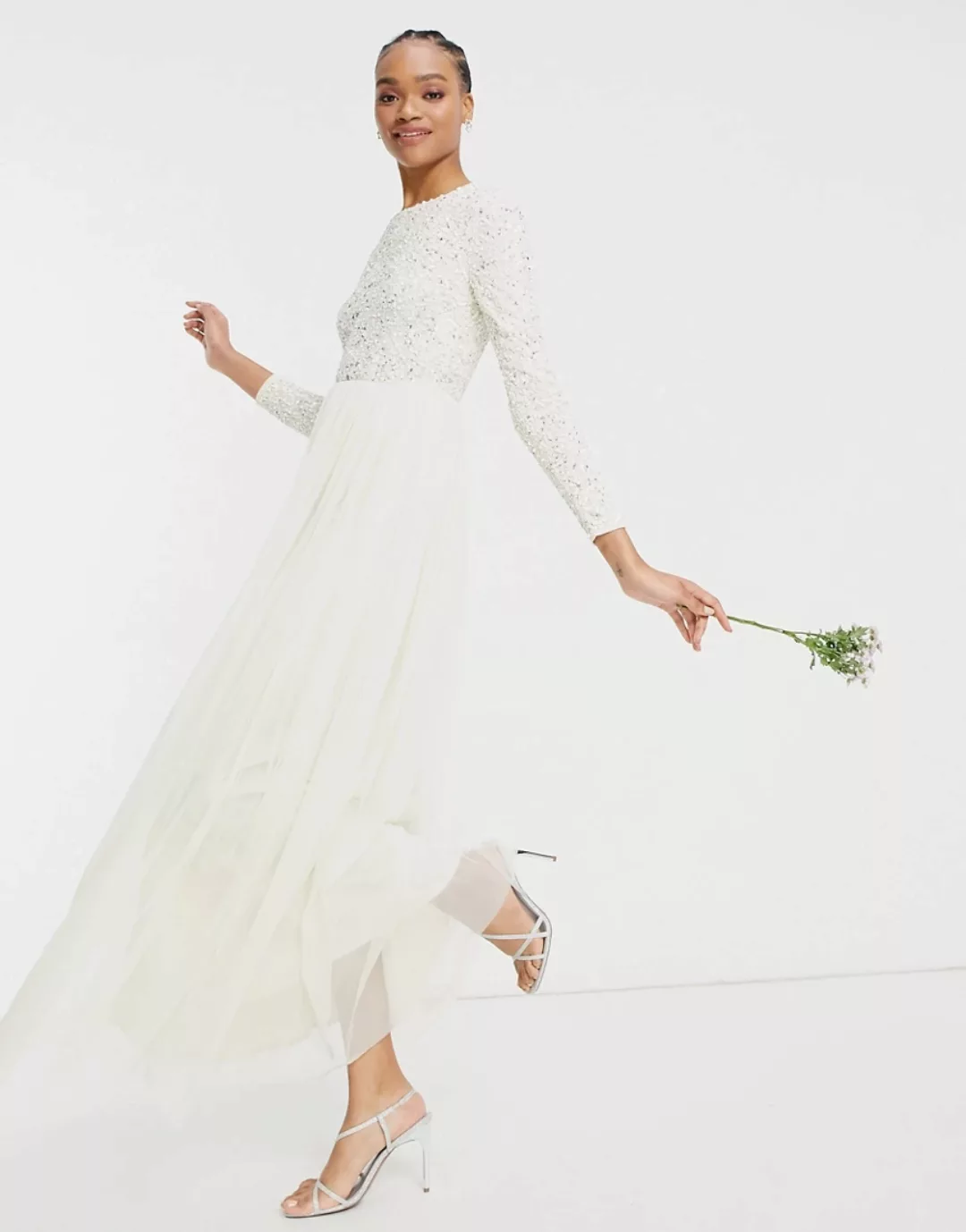 Maya – Bridal – Langärmliges Maxikleid mit feinen Pailletten und Tüll-Rock günstig online kaufen