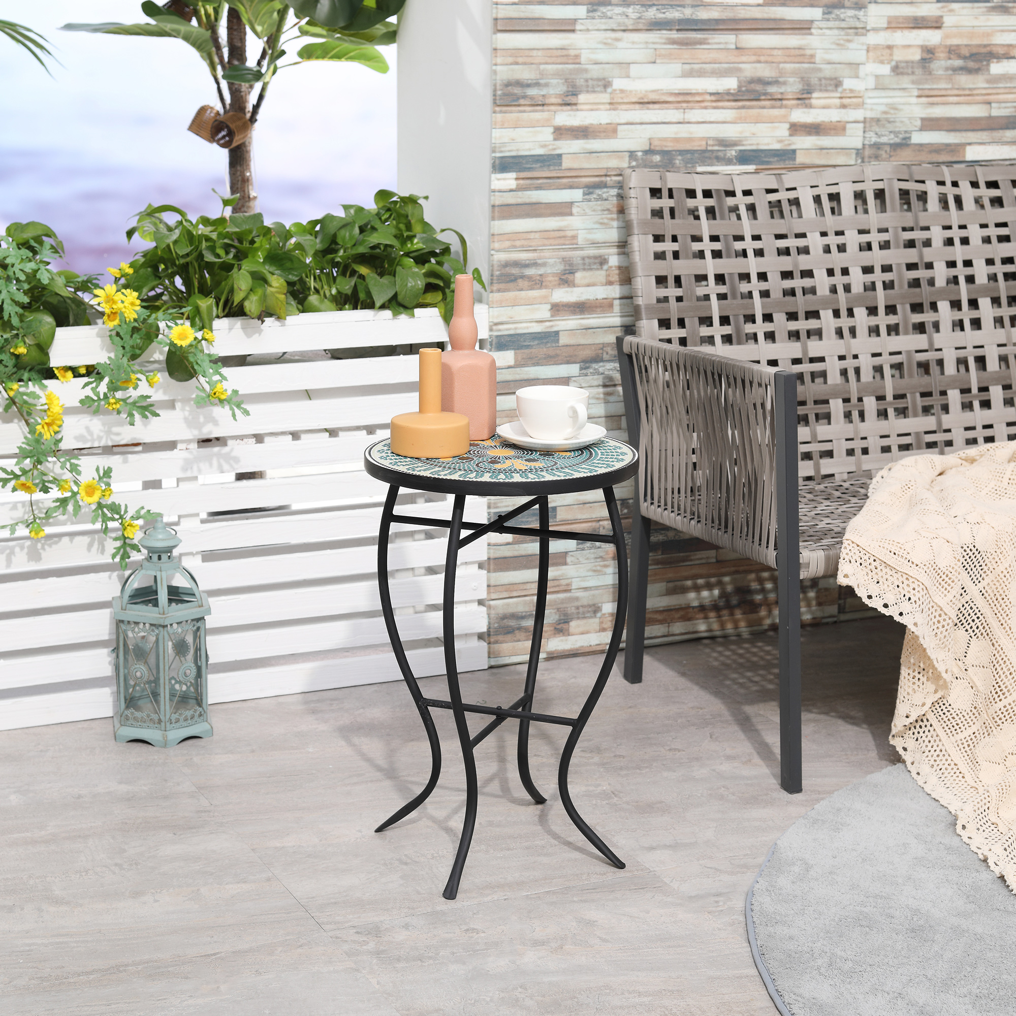 Outsunny Runder Gartentisch aus Metall mit Blumenmosaik-Ablage, Ø35,5x53,5c günstig online kaufen