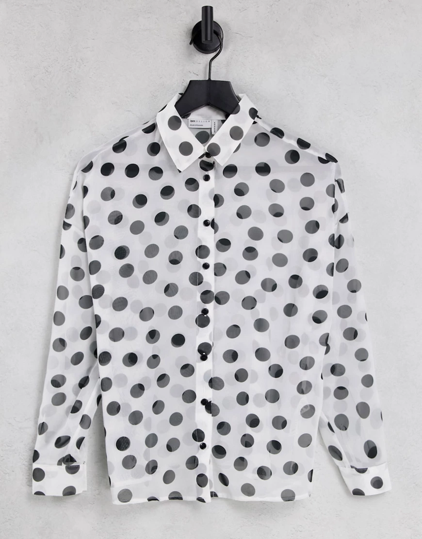 ASOS DESIGN – Langärmliges Hemd in Schwarz-Weiß gepunktet-Mehrfarbig günstig online kaufen