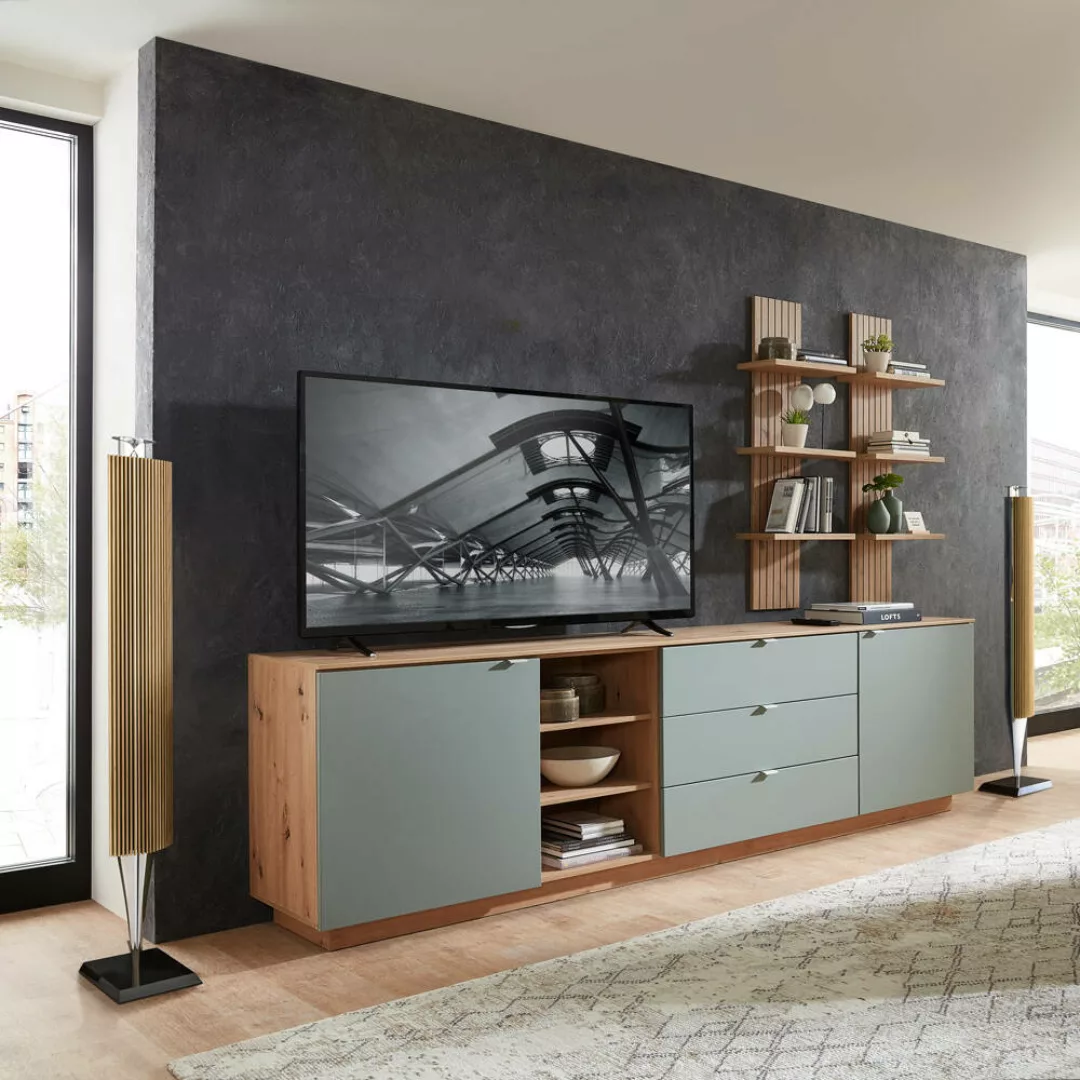 TV Sideboard Set mit Wandregalen Fernsehschrank Eiche mit grün, Breite 240 günstig online kaufen