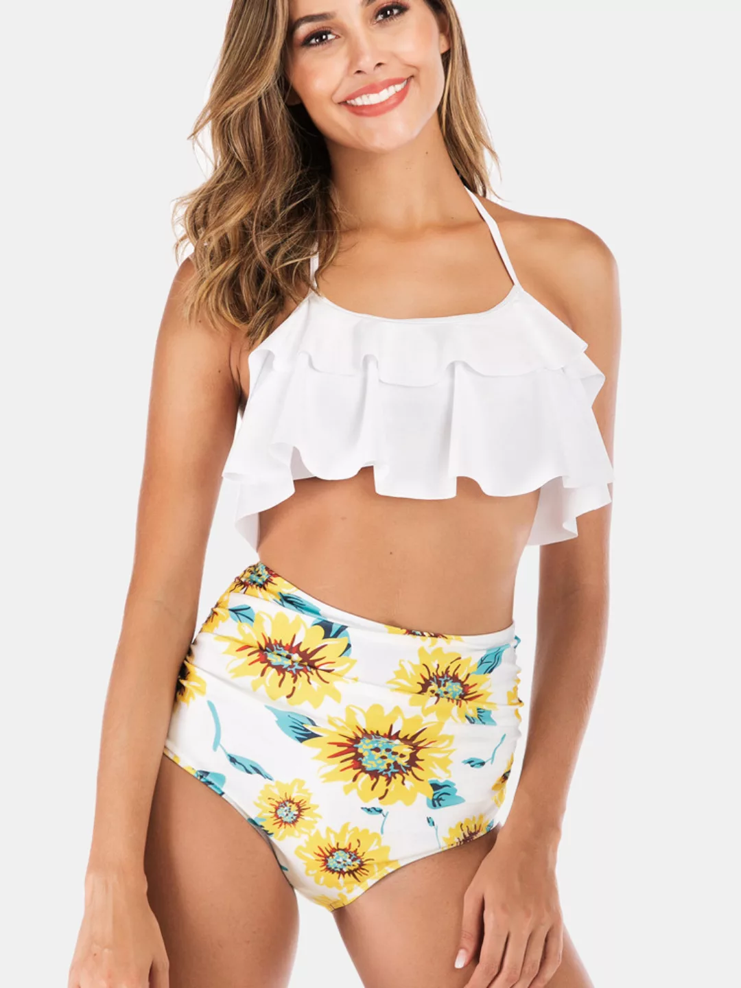 Damen High Waist Bikini String Neckholder Top Blumendruck Badeanzug mit Blu günstig online kaufen